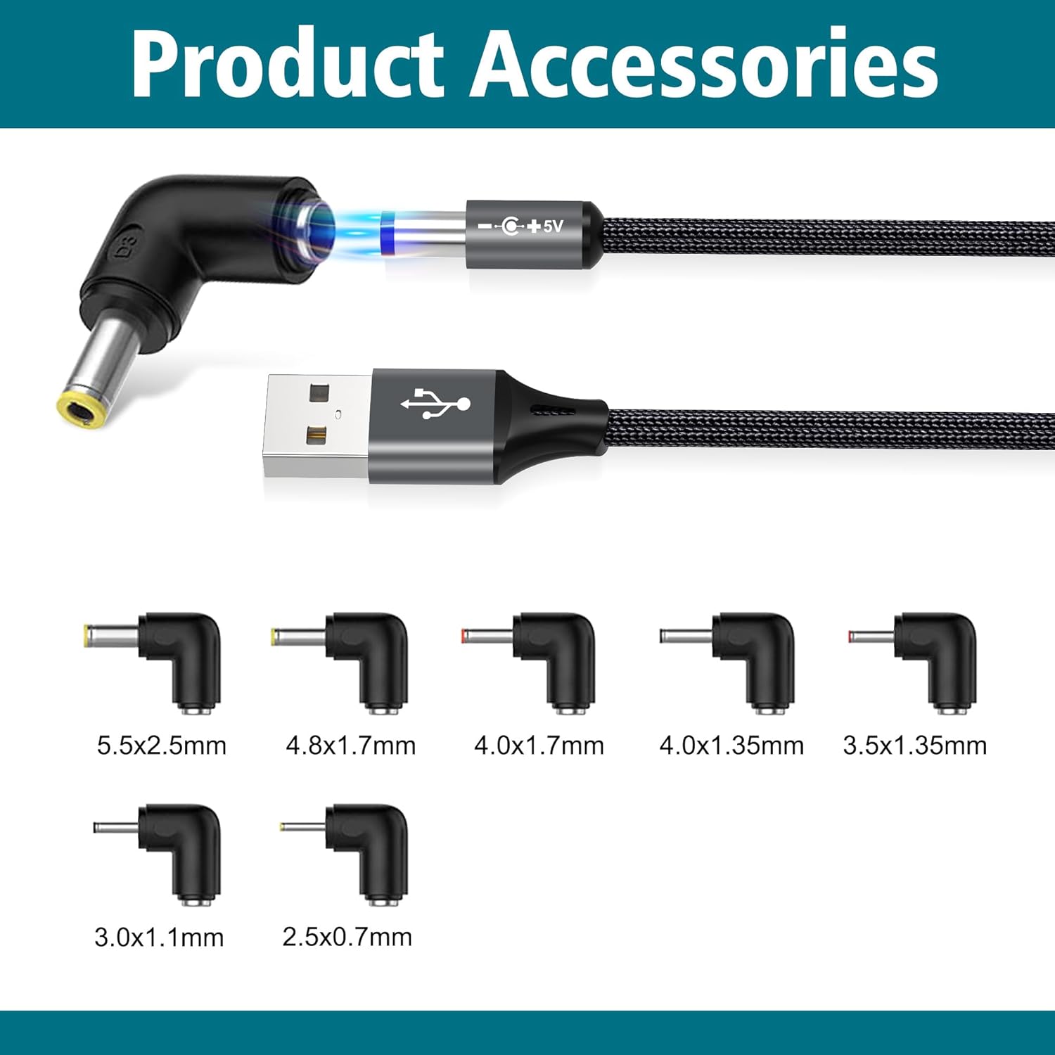 AGVEE 3.3ft USB to DC 5V Power Cord 5521(5.5x2.1mm) | Braided Nylon & Aluminum Shell | 6pcs DC Adapter Tips | Fast & Durable Charging for CCTV Cameras, Routers, LED Strips, Dark Gray 3.3ft Cable + Adapter Tips Dark Gray