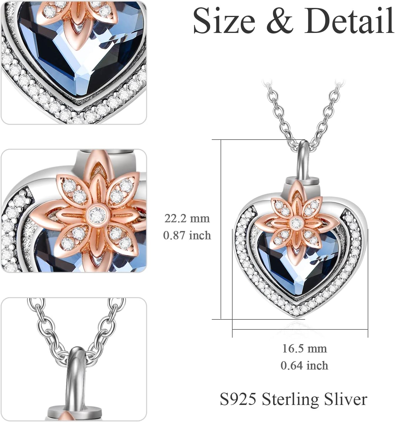 AOBOCO Cremation Jewelry 925 Sterling Silver Heart Flower Butterfly Urn Necklace for Ashes, Cremation Keepsake Necklace Embellished with Austrian Crystal, Women Memorial Jewelry - Image 3