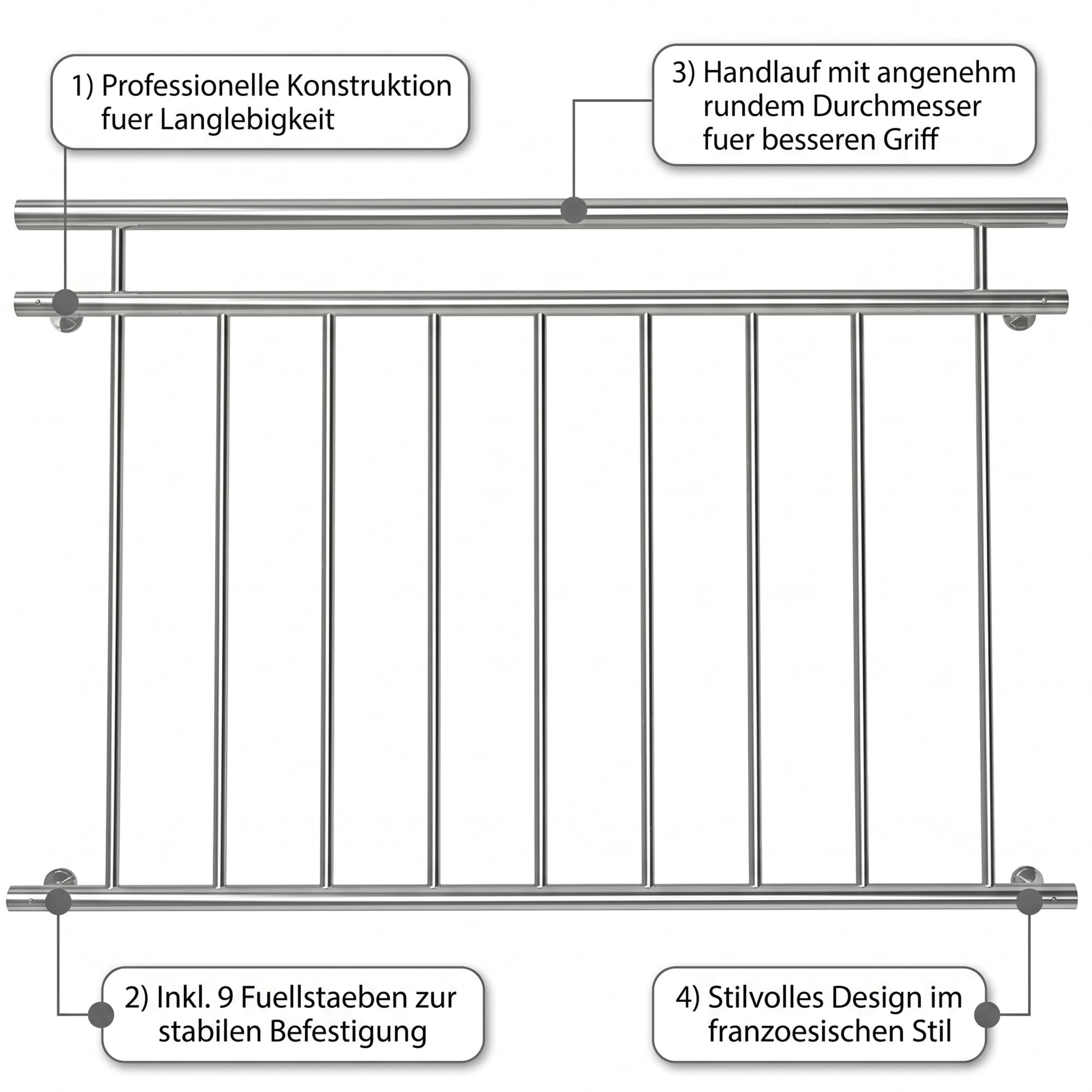 Mucola Französischer Balkon 90x128CM Stabgeländer Edelstahl V2A Fenstergeländer Stabgeländer Terrassengeländer Brüstung Balkongeländer Fenstergitter
