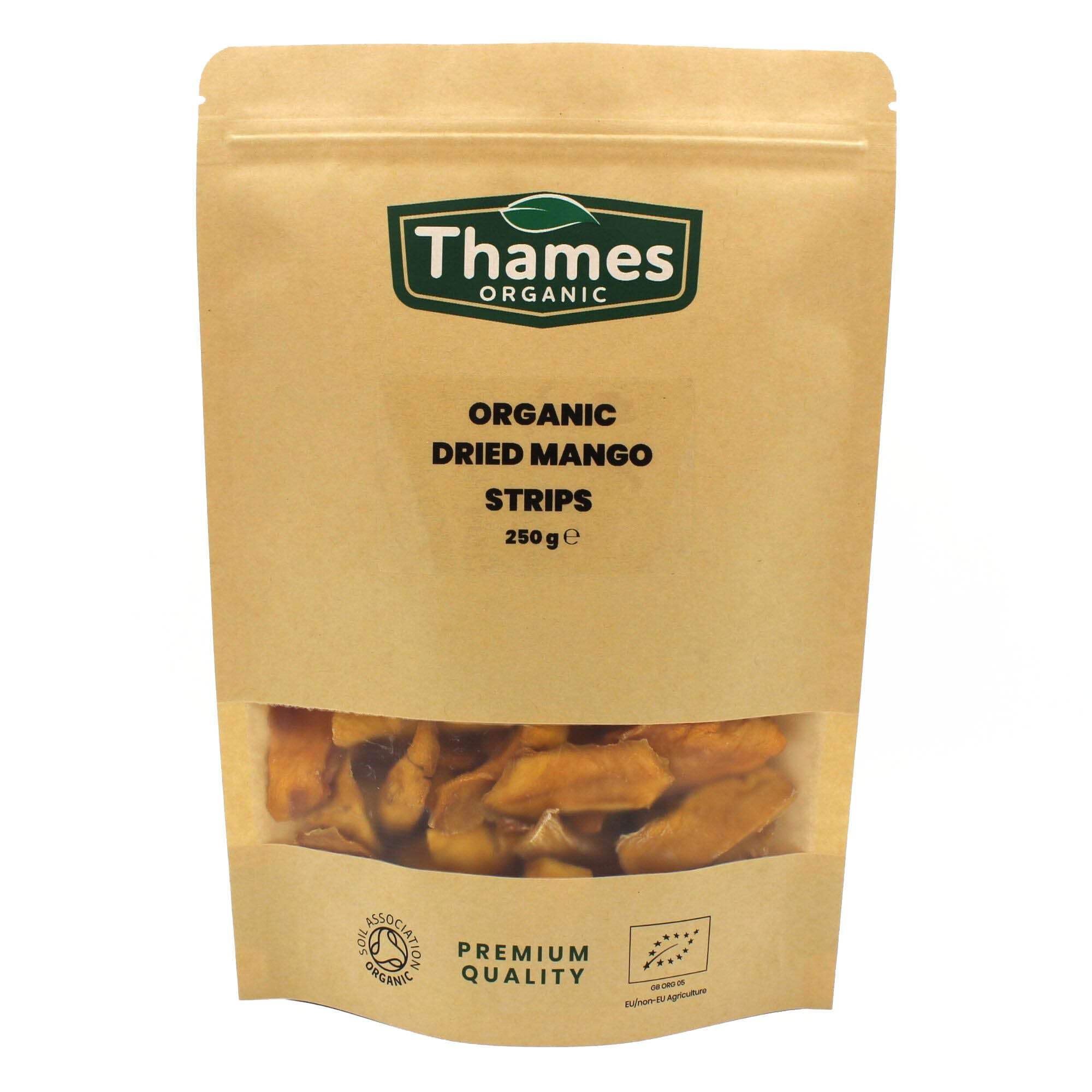 Organic Mango Strips (Dried) - No Additives, No Preservatives, Unsweetened, Sun Dried, Untreated, Raw, Vegan, GMO-Free - Delicious Snack - Thames Organic 250gEU OrganicSoil AssociationSoil AssociationSoil Association