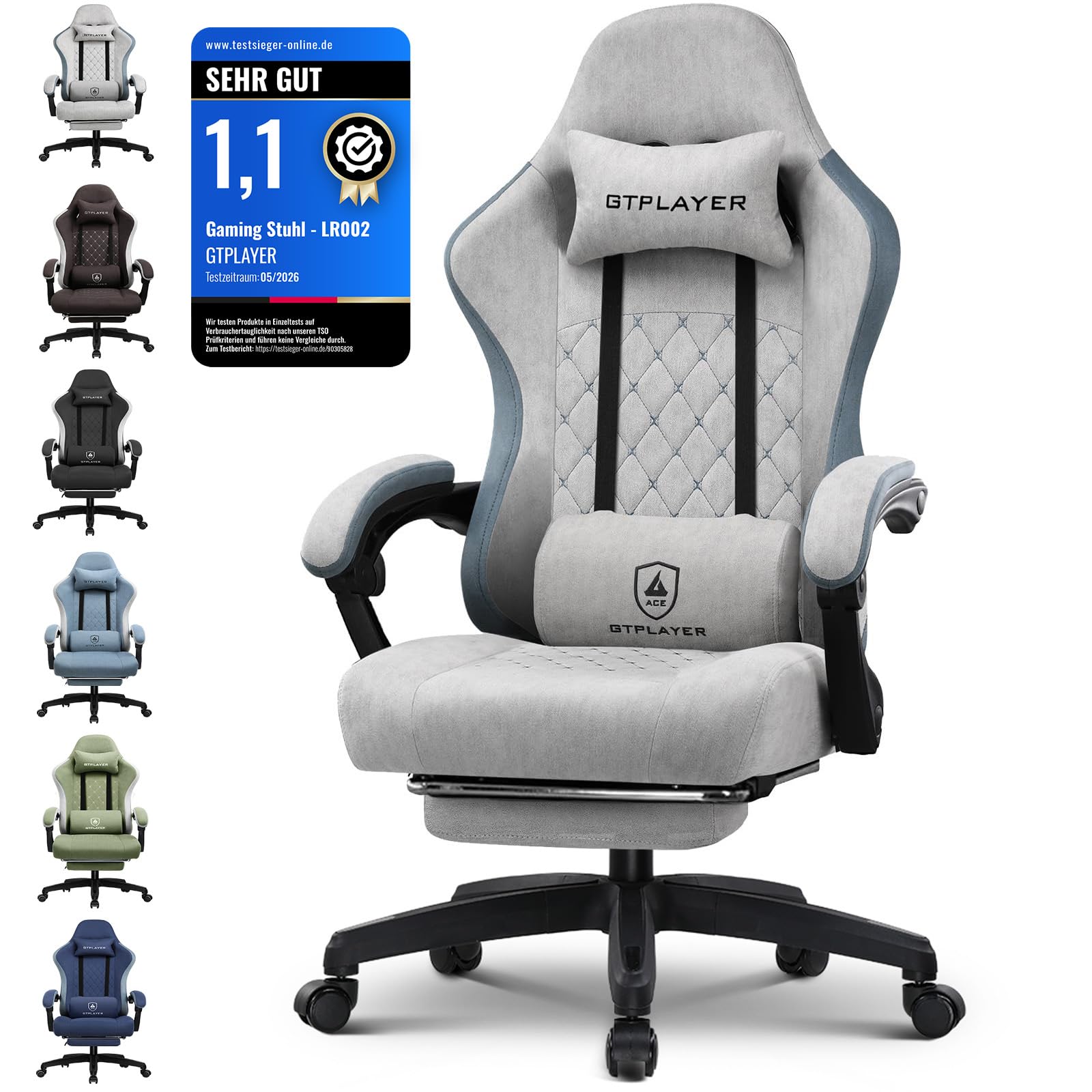 GTPLAYER Silla Gaming Tela Ergonómica Transpirable Silla Gamer Reclinable con Reposapiés, Cojín Lumbar y Reposacabeza Sillas Gaming Regulable en Altura para Juegos de Estudio y Trabajo Gris