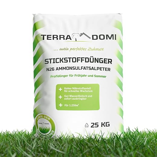 TerraDomi 25 kg Ammonsulfatsalpeter N26 Stickstoff-Dünger für den Frühling I Profi Rasendünger mit Langzeitwirkung | Perfekt für Rasen, Blumen, Obst & Gemüse