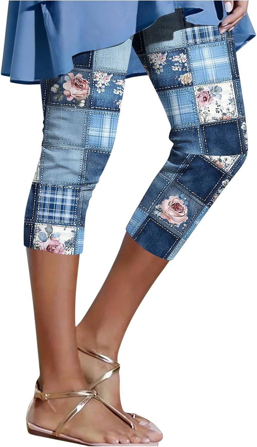 Faux Denim Capri Leggings for Women Graphic Stylish Summer High Waisted Stretch Athletic Running Yoga Pants
