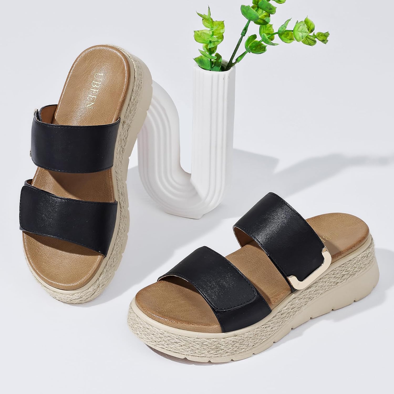 UBFEN Womens Espadrille Platform Sandals Low Wedge Slides Orthopedic Arch Support Two Adjustable Straps Dressy Casual Sandals for Beach Summer Walking