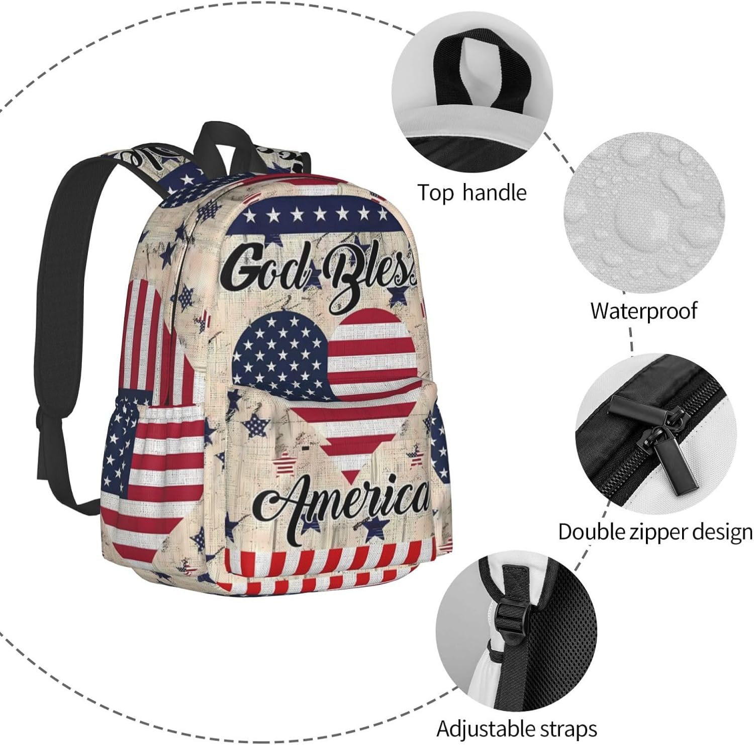 America American Flag God Bless Laptop Backpacks Double Shoulder Laptop Pack Bag Casual Back Pack Lightweight Daypack Bags With Side Pockets For Travel Hiking - Image 5