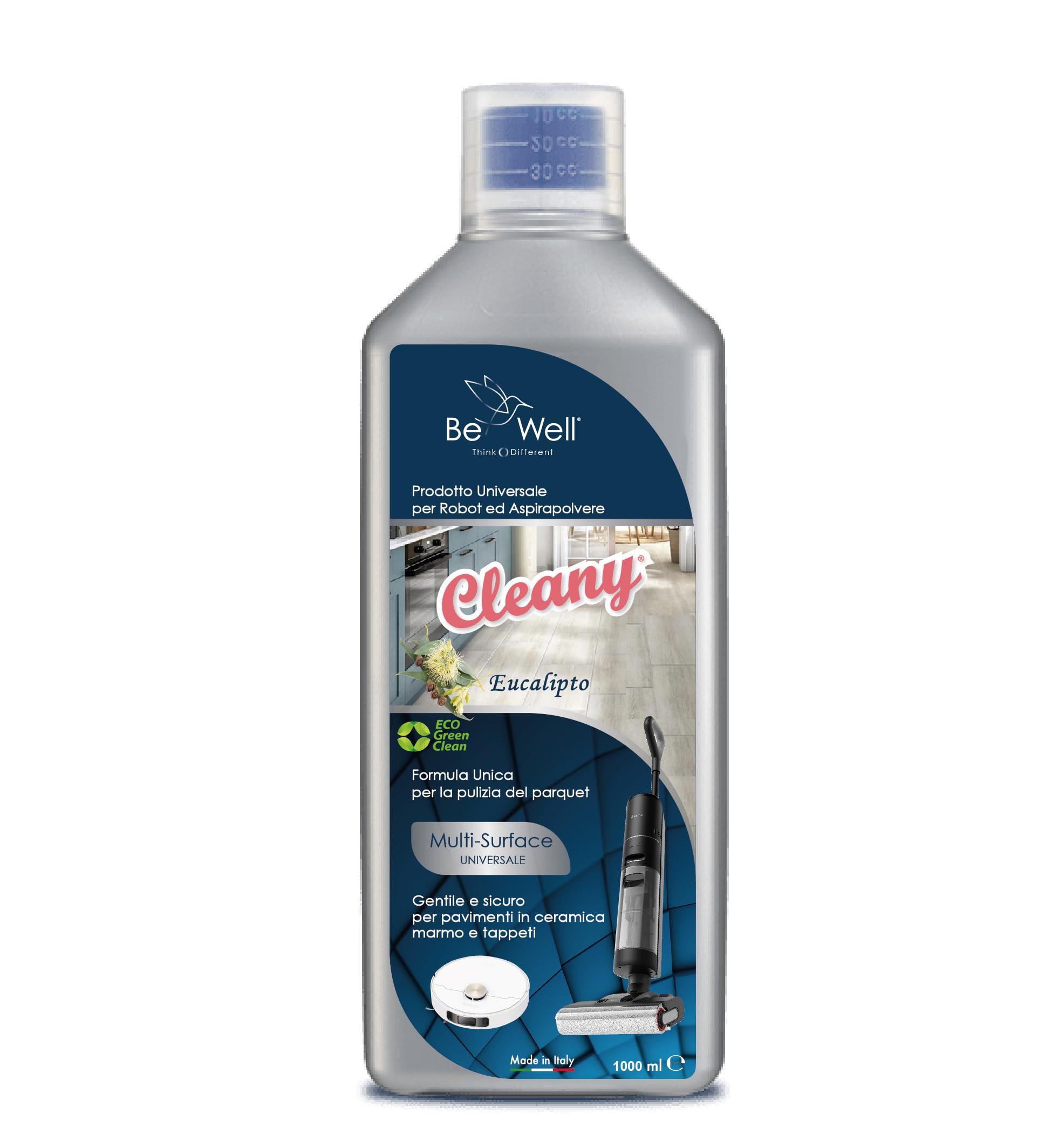 CLEANY Detergente Concentrato per Robot Lavapavimenti e Aspirazione con Igienizzante Multisurface 1000ml pulizia senza aloni e sostenibile Adatto a tutti i Robot (Eucalipto)