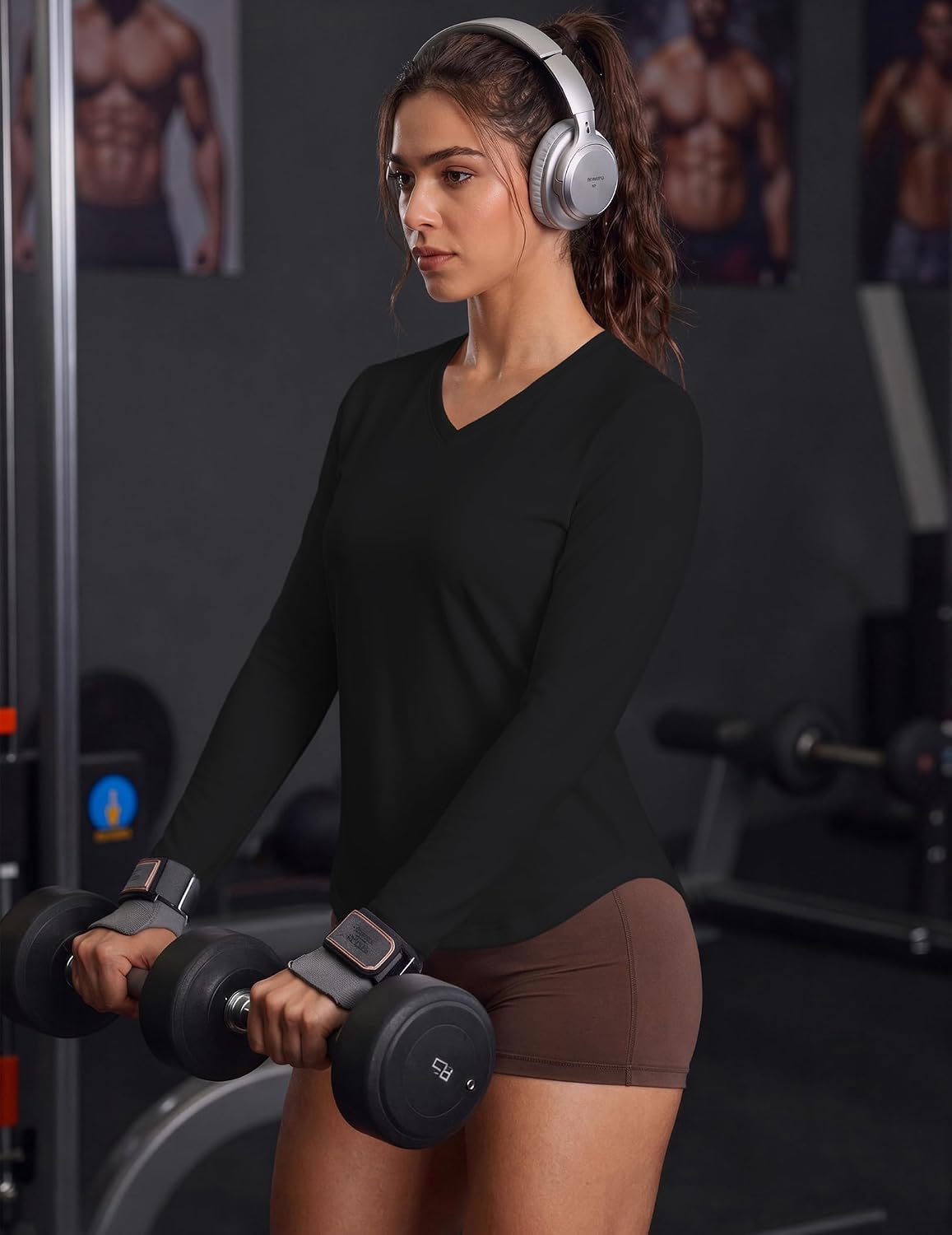 PINSPARK Long Sleeve Workout Tops for Women V-Neck UPF 50+ Running Shirts