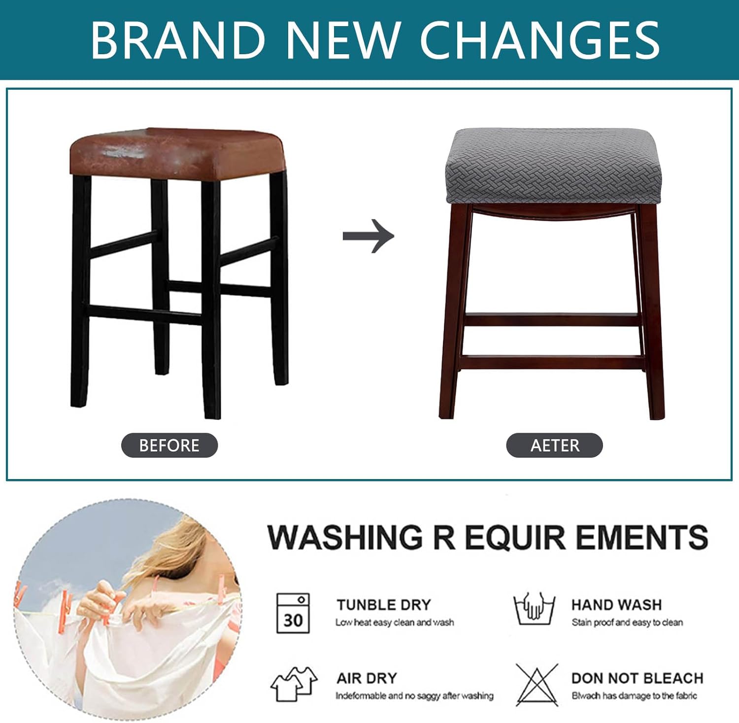 Bar Stool Cover, Backless Bar Stool Cover, Stretch Counter Bar Stools Slipcovers, Bar Stool Chair Covers, Counter Stool Protector (Grey,2 Pieces)