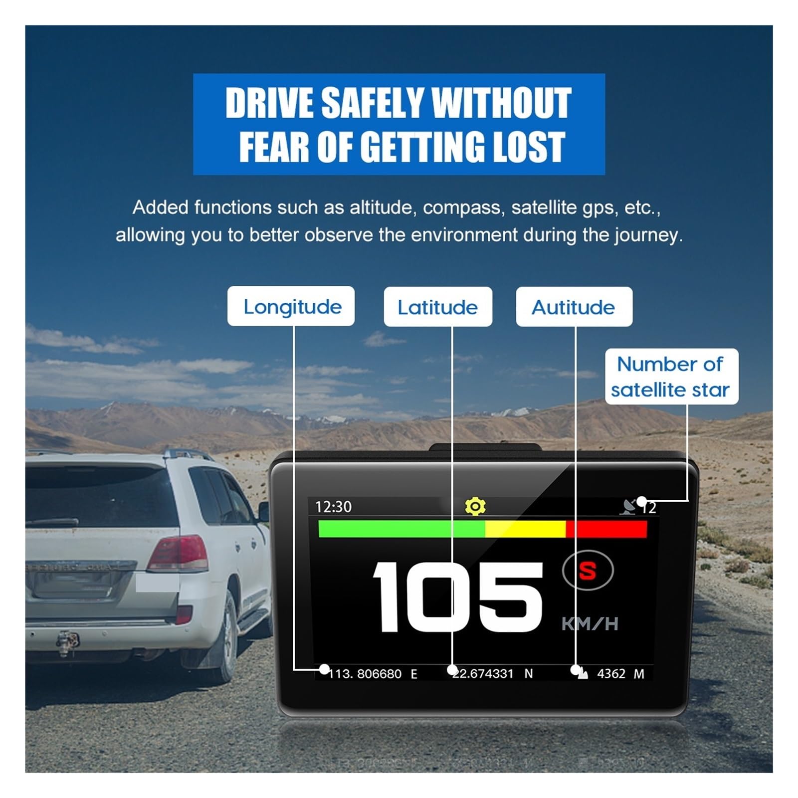 G3 Velocímetro De Coche Brújula HUD Head Up Display GPS Satélites Altitud Kilometraje Latitud Longitud For Vehículo De 10-30V para todos los vehículos
