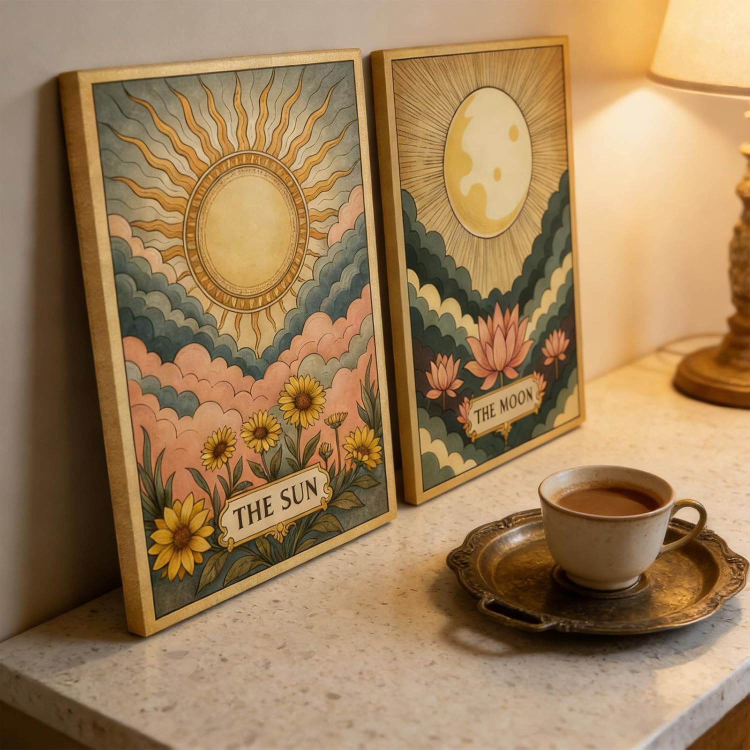 2Pcs Sun and Moon Celestial Canvas Wall Art boho Tarot Astrology Painting Picture Wall Decor Vintage Sun Flower and Full Moon Lotus Poster Print Artwork for Bedroom Living dormitory Home Decoration