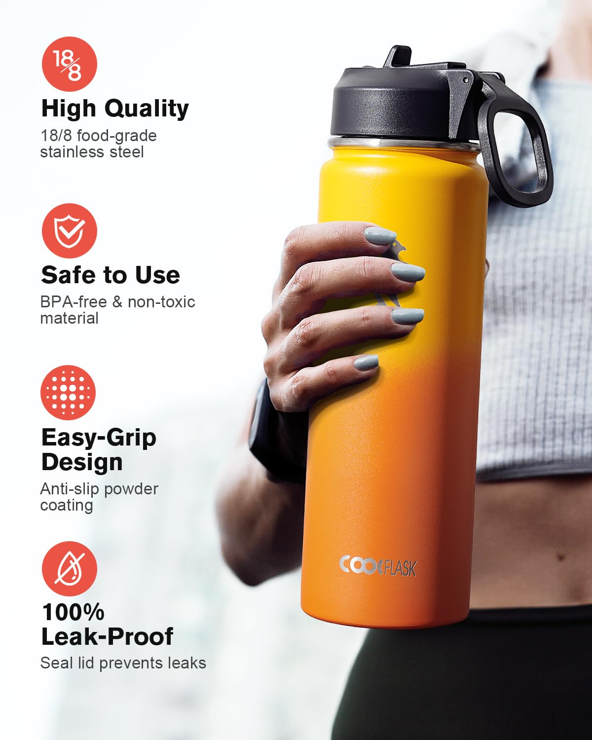 Coolflask Borraccia termica con cannuccia, in acciaio inox, con 3 coperchi, imboccatura larga, per sport o ufficio, senza BPA, mantiene il freddo fino a 48 ore o caldo fino a 24 ore, giallo/arancione