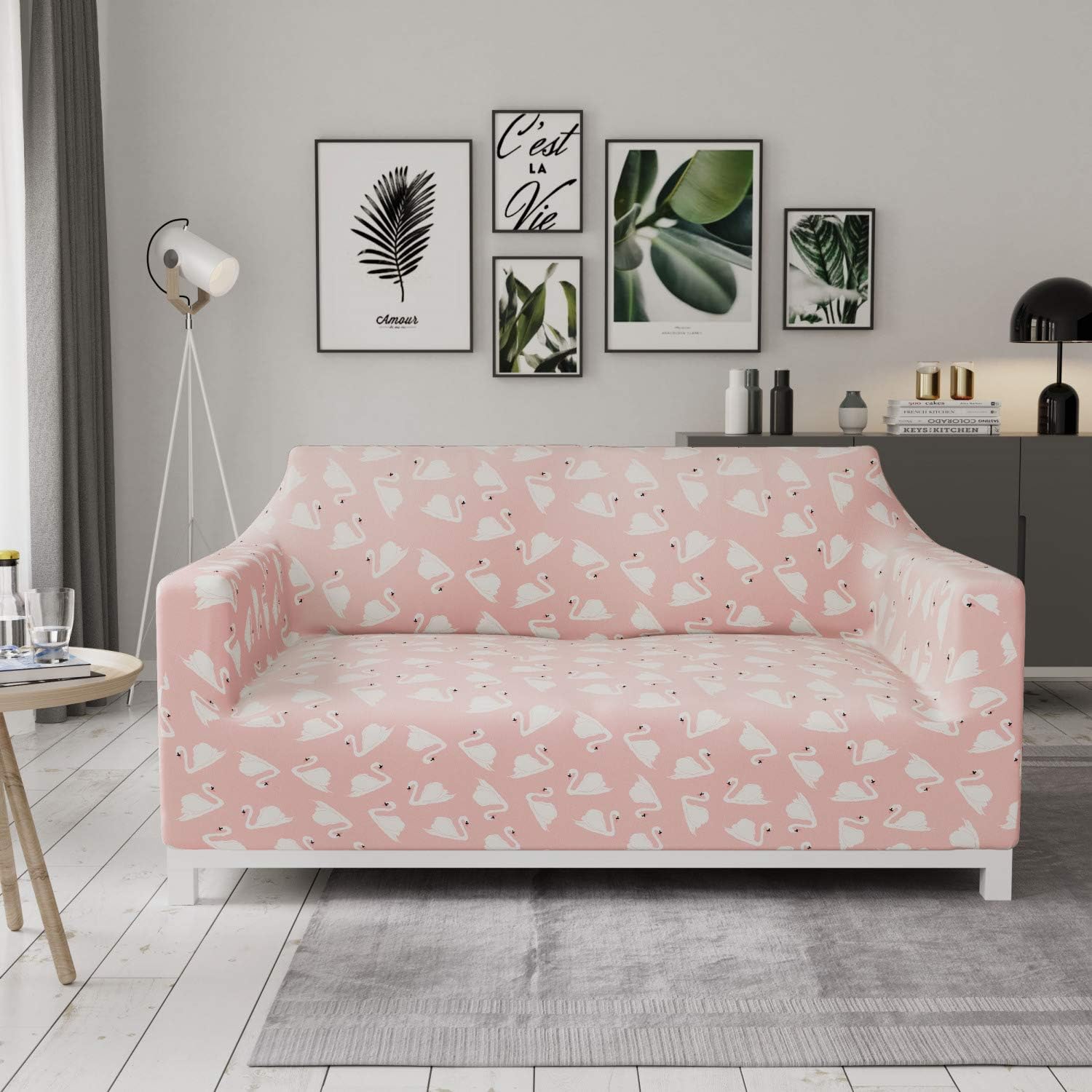 Lunarable Pale Pink Furniture Slipcover, Swans in a Lake Inhabitants on a Pastel Tone Backdrop, Stretch Couch Cover Decorative 1 Piece Protector, Loveseat, Pastel Pink White
