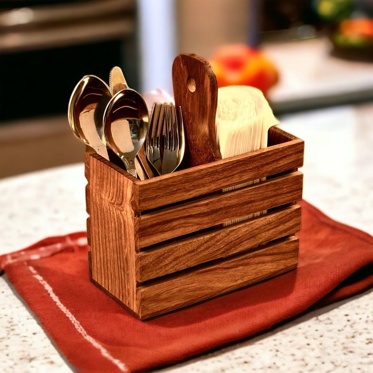Rustic Wooden Cutlery Holder - 2 Compartment -5