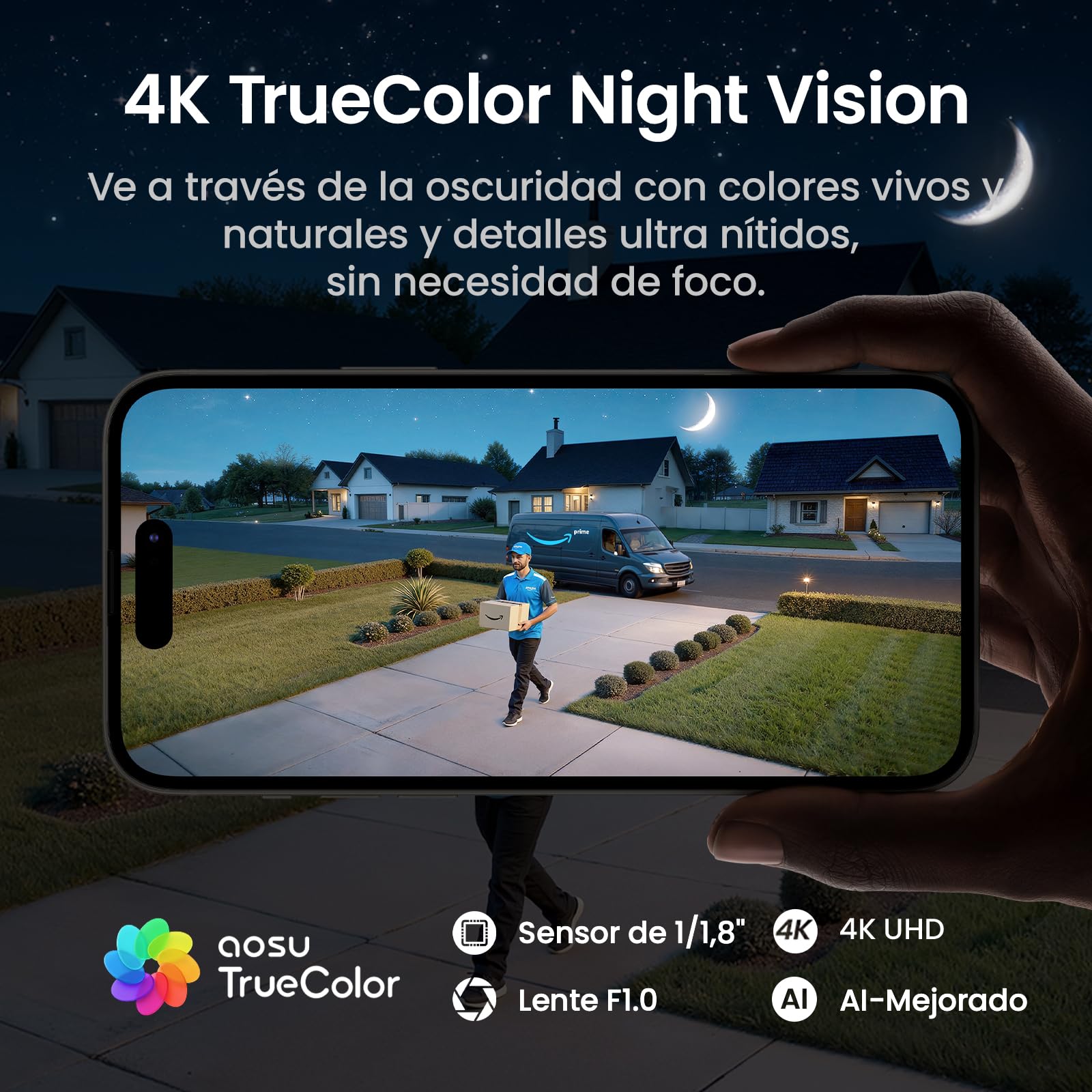 aosu 4K Cámara de vigilancia Exterior con batería Solar [2026 TrueColor Visión Nocturna a Color] Radar con PIR detección precisa, cámara 360° Exterior con Panel Solar Desmontable, luz y Sonido Alarma