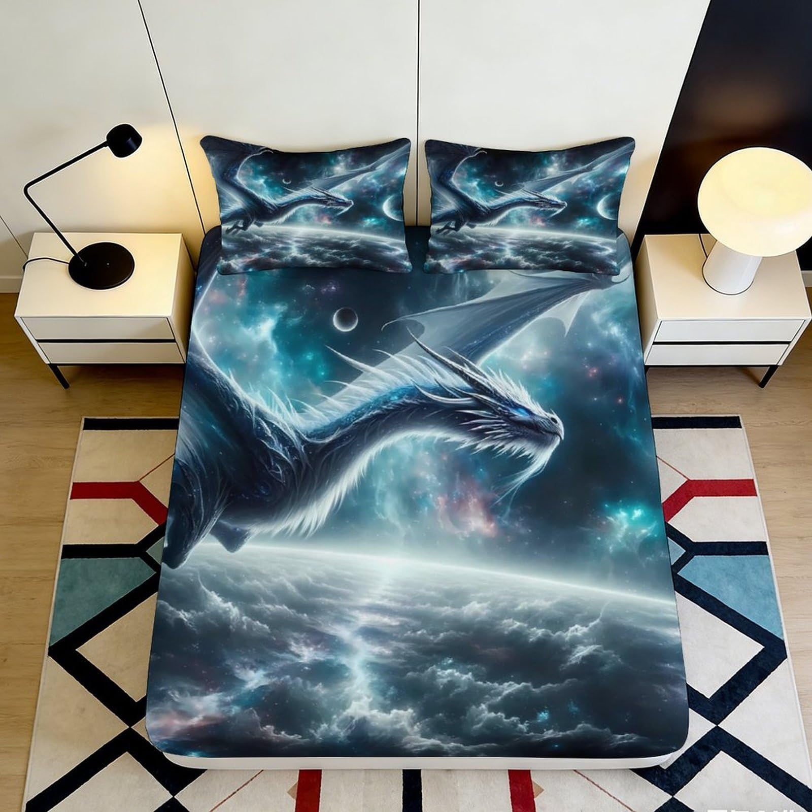 3D Printed Galaxy Dragon Fitted Sheet Microfiber Soft Breathable Cosmic Space Mattress Cover for Bedroom Decor 140x200x25cm