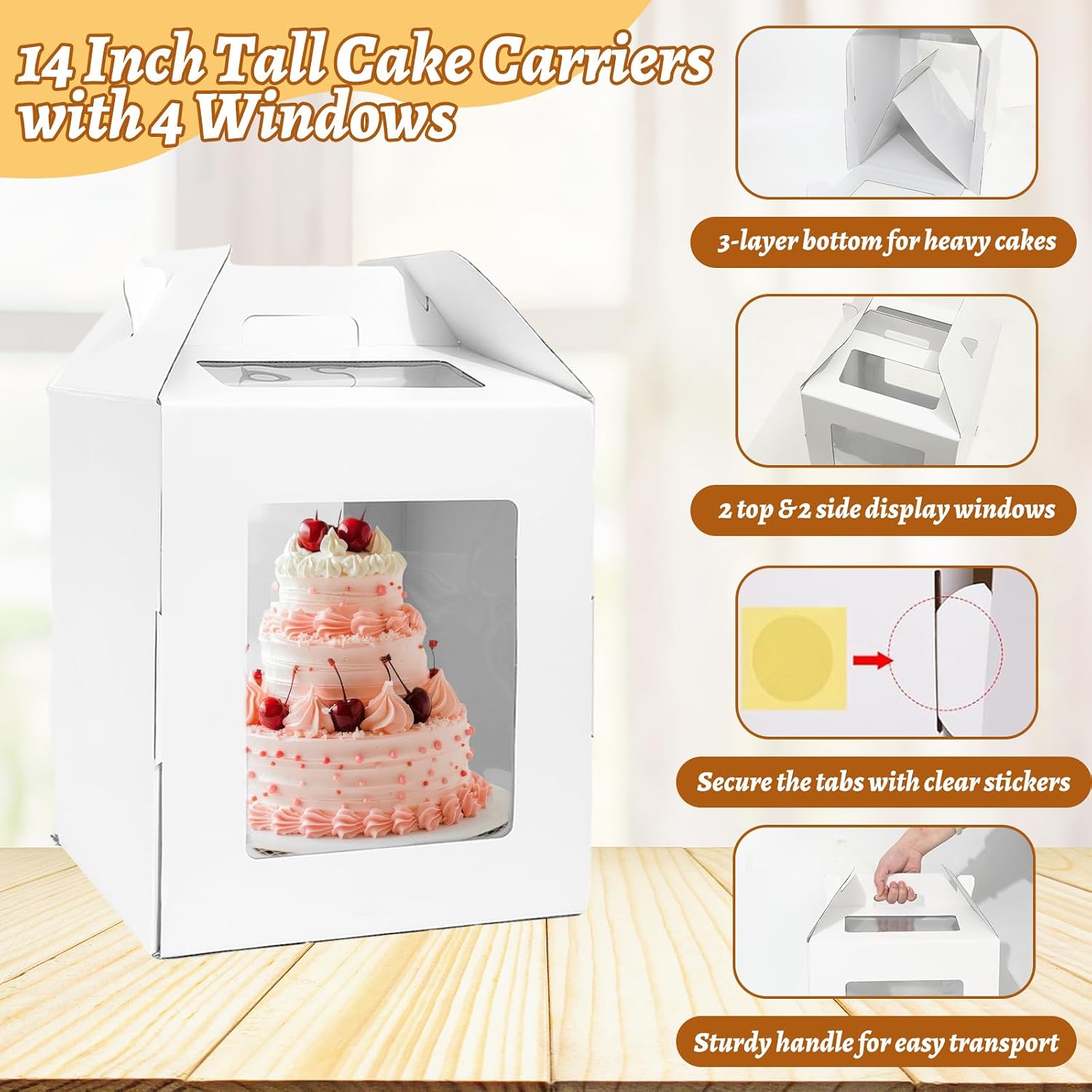 Whaline 6 Pack Tall Cake Gable Box with Board 12 x 12 x 14 Inch Large Tiered Cake Carrier with Window & Handle Disposable Bakery Take Out Transport Container for Birthday Wedding