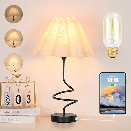 Lámparas de mesa modernas, 3 vías regulables con control táctil minimalista para mesita de noche con puertos de carga USB A+C, lámpara de mesa