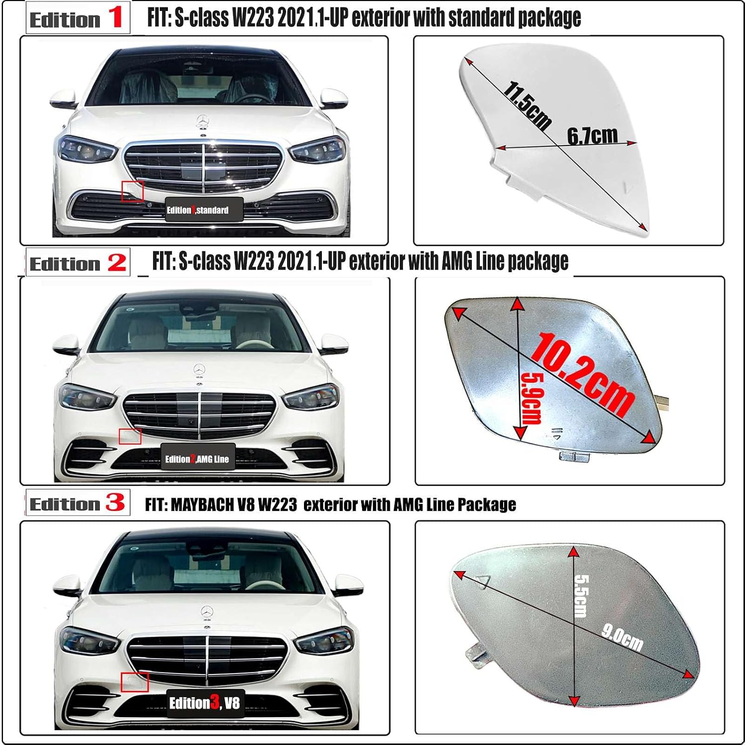 Front Tow Cover for 21-25 Mercedes-Benz S class W223 AMG Line Fit S350 S400 S450 S500 S580 S650 2021 2022 2023 2024 2025 Bumper Hook Eye Cap