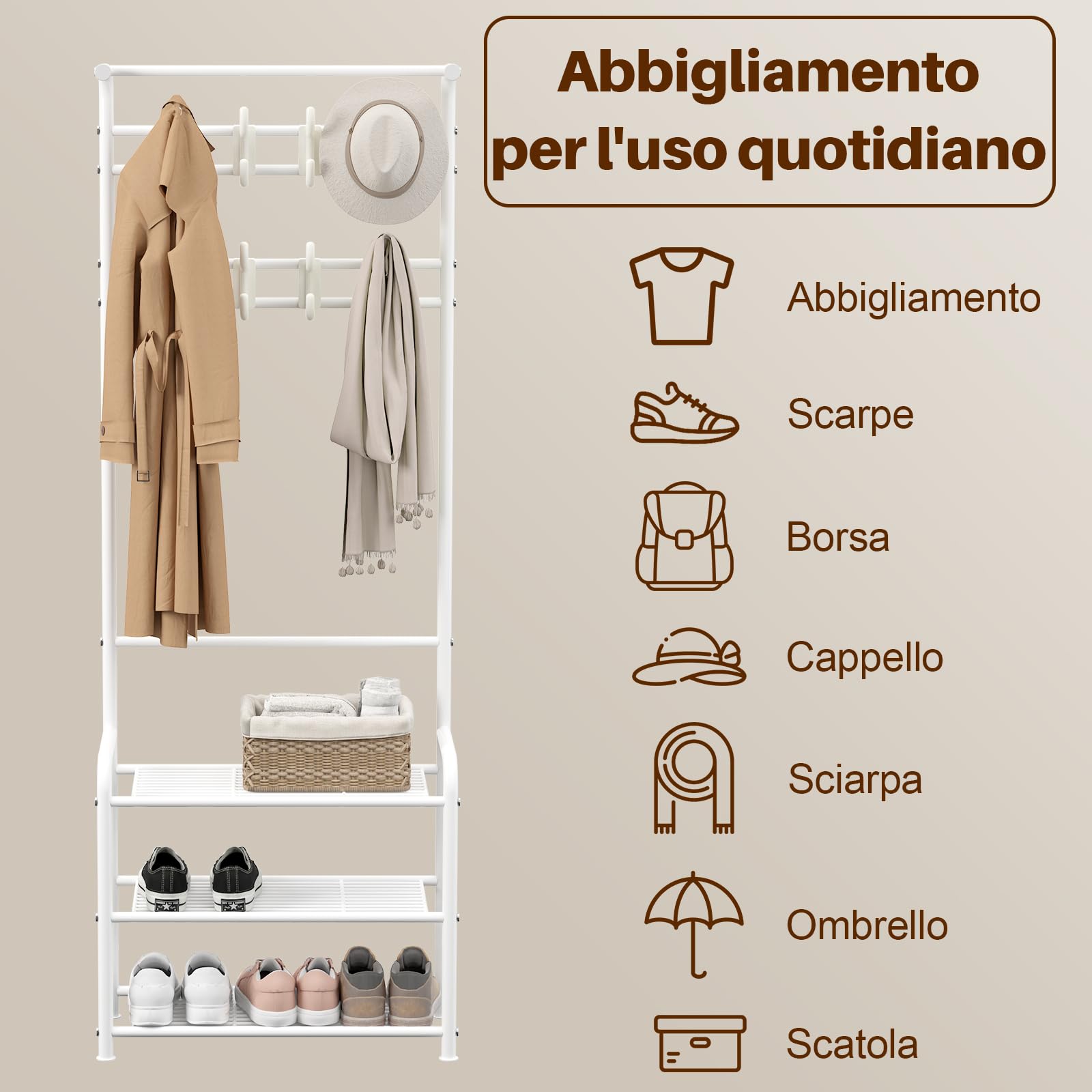 Innotic Appendiabiti con Scarpiera 3 in 1, 16 Ganci Rimovibile Attaccapanni | Stabile Appendiabiti Ingresso Salvaspazio, Mobile da Ingresso Moderno, Appendiabiti da terra per Camera letto, Bianco