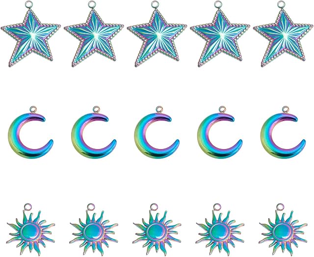 UNICRAFTALE 18pcs 3 Styles Rainbow Color Charms 201 Stainless Steel Hypoallergenic Pendants Sun and Moon and Star Charms for DIY Jewelry Making