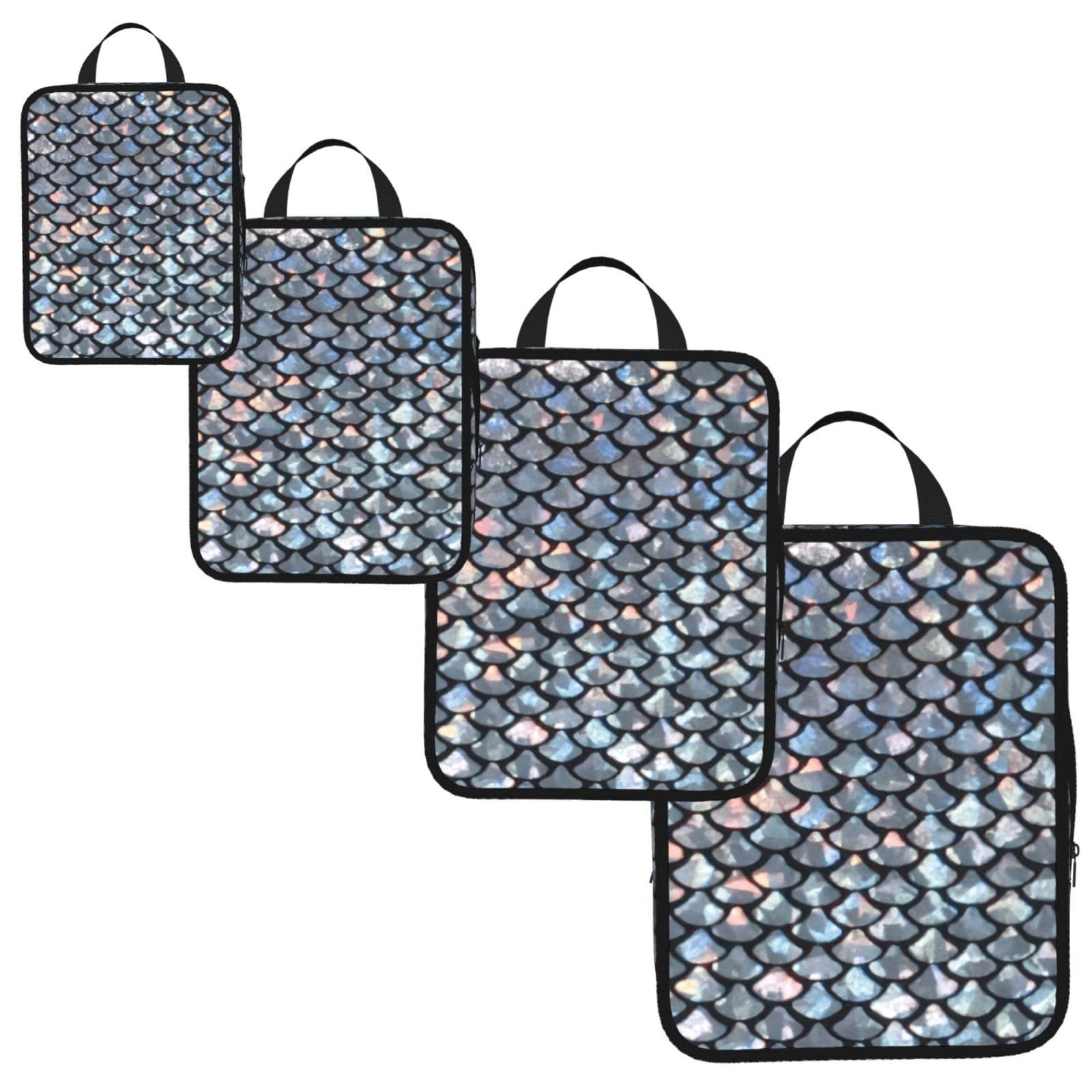 Silver fish scale Print 4 Set Compression Packing Cubes for Suitcases,Expandable Storage Bag Organizers