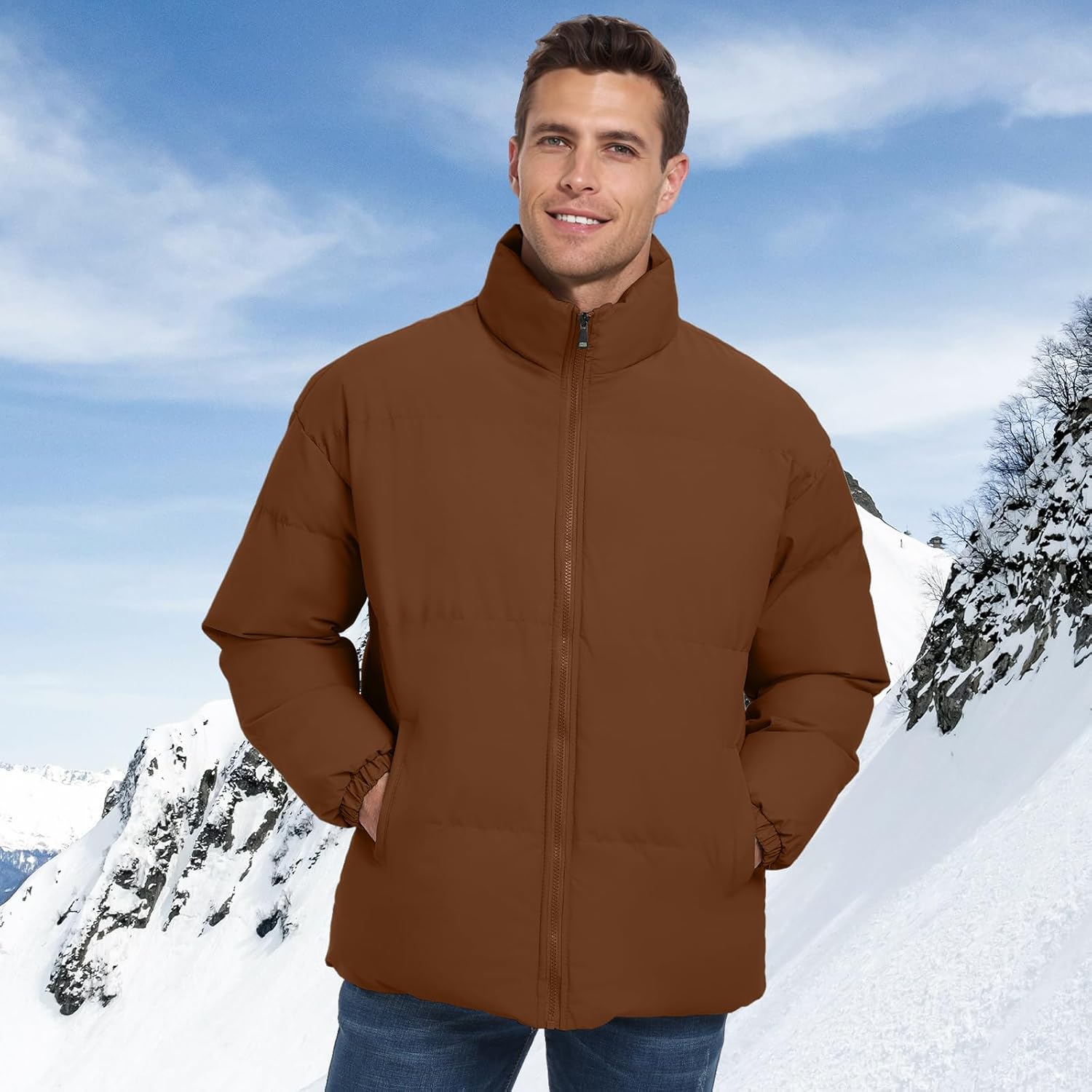 Mens Windproof Padded Jacket Outerwear Puffer Coat Down Jacket Full Zipper Stand Collar - Image 3