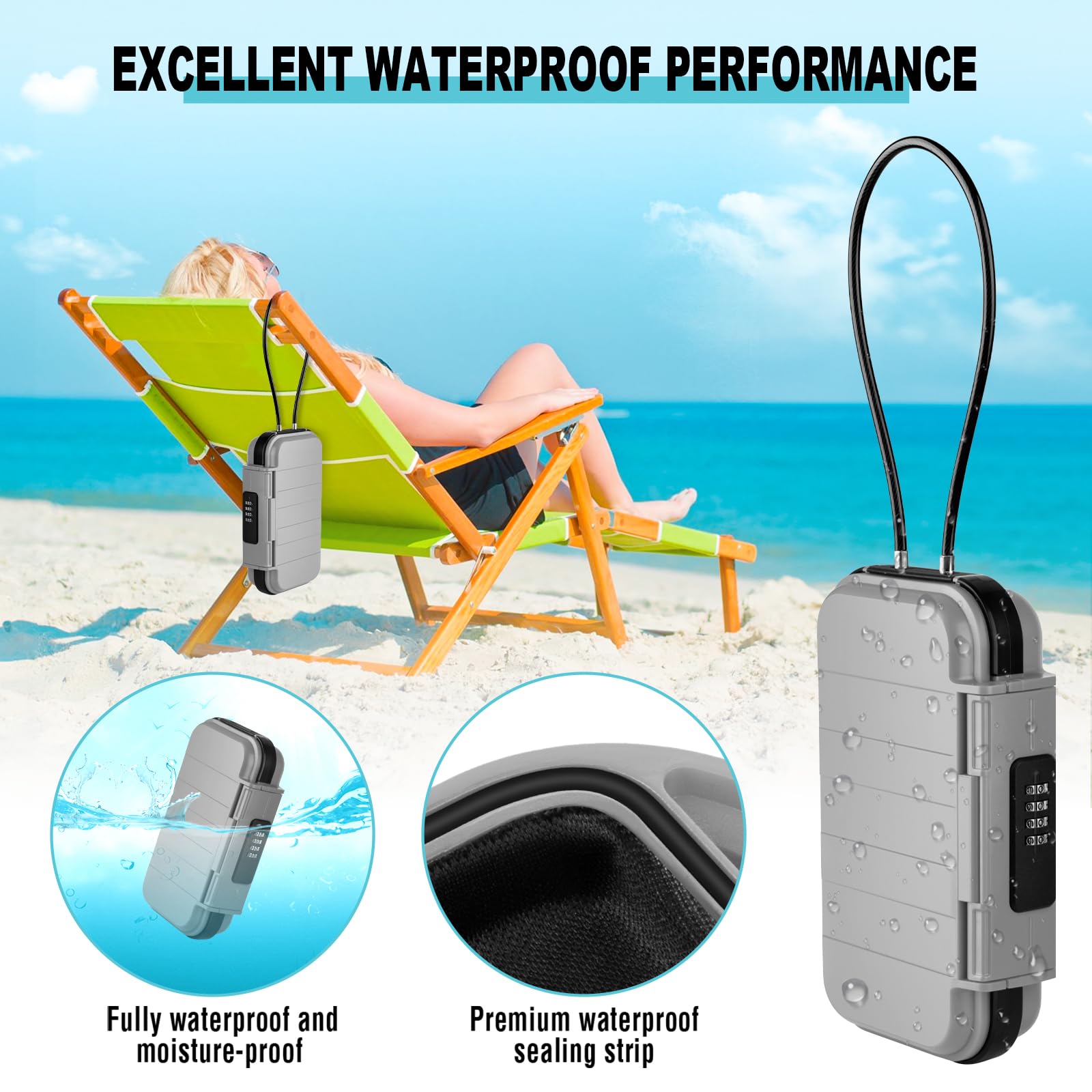 HUANLANG Boîte de sécurité portable avec serrure à combinaison, mini coffre-fort étanche et verrouillable avec câble métallique amovible pour dortoir, voyage, plage, hôtel, voiture, maison, bureau