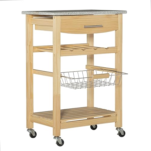 Miniatura 8 de Linon Isla de cocina con tapa de granito natural Mila con cesta de almacenamiento y ruedas