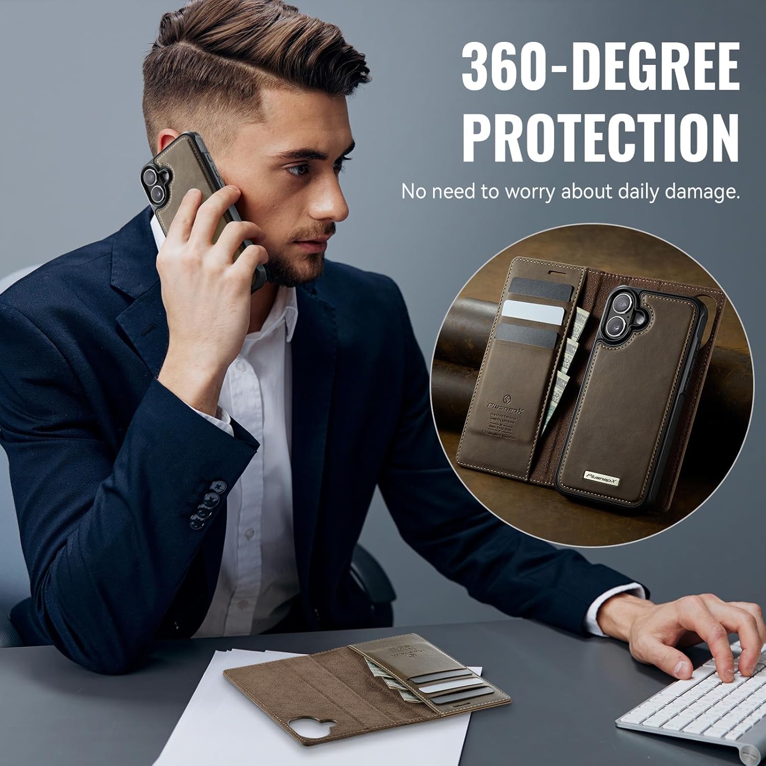 Wallet Case for iPhone 16 Compatible with Magsafe, 2-in-1 PU Leather Flip RFID Blocking Card Holder Stand Shockproof Magnetic Detachable Cover for iPhone 16 Case 6.1", Brown