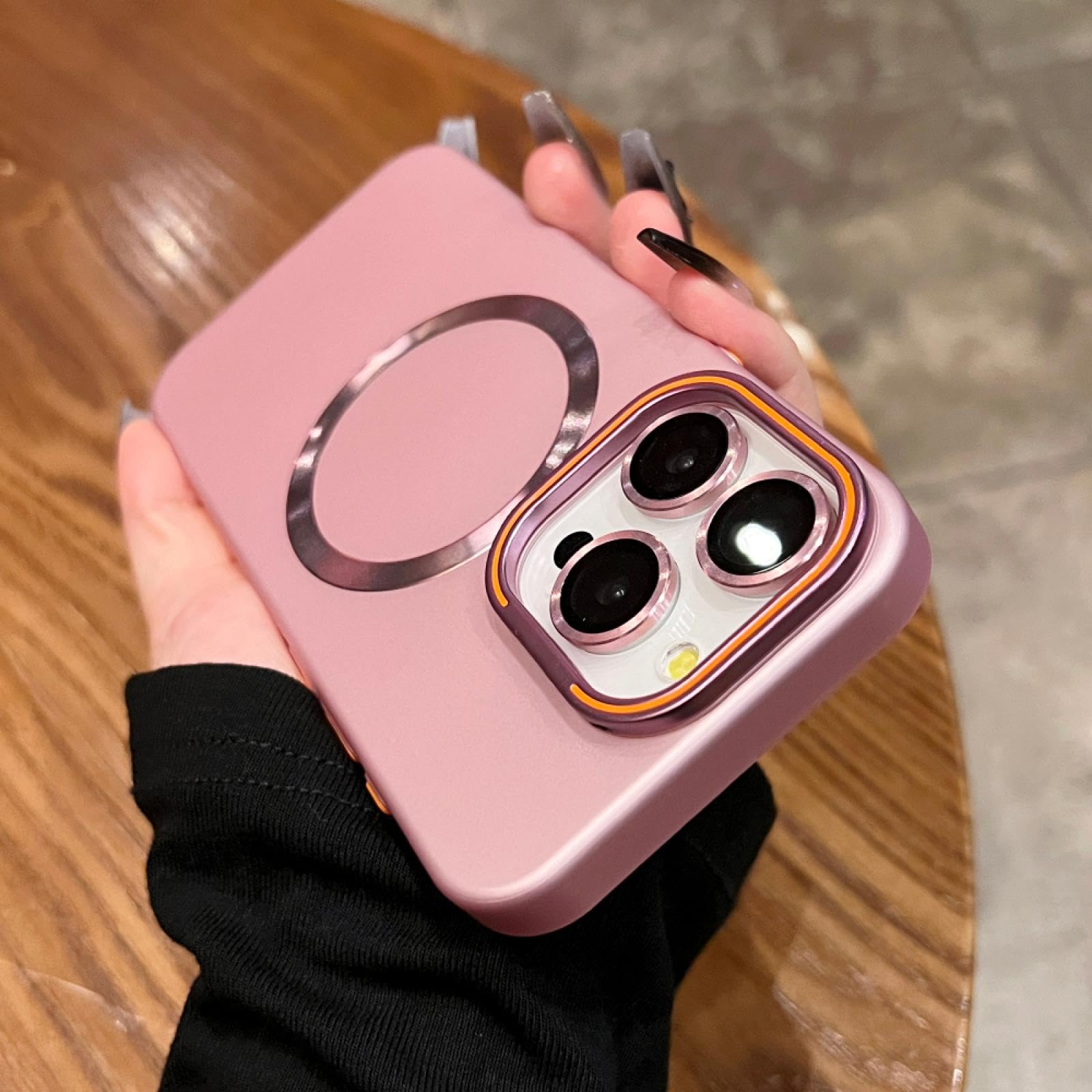 Étui magnétique iPhone 14 rose coque métal rigide avec support pliable