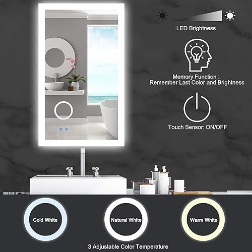 Miniatura 3 de BBE Espejo de baño retroiluminado LED, espejo antivaho para maquillaje, con lupa de 3 veces, luz regulable, interruptor táctil, montado en la pared