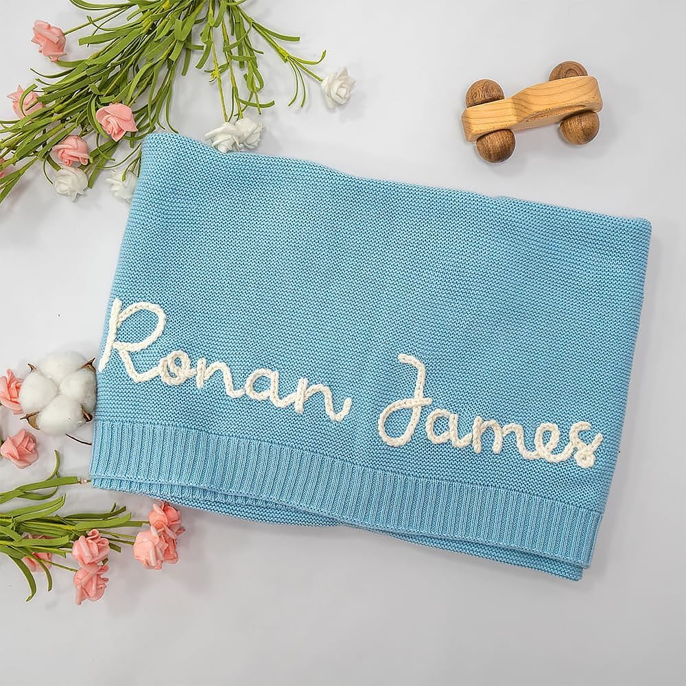 Personalized Knit Hand Embroidered Baby Name Blanket Custom Embroidery Cotton Nursery Blanket Gifts for Newborn Baby Boy and Girl Newborn Holiday Shower Gift Cotton Knit Stroller