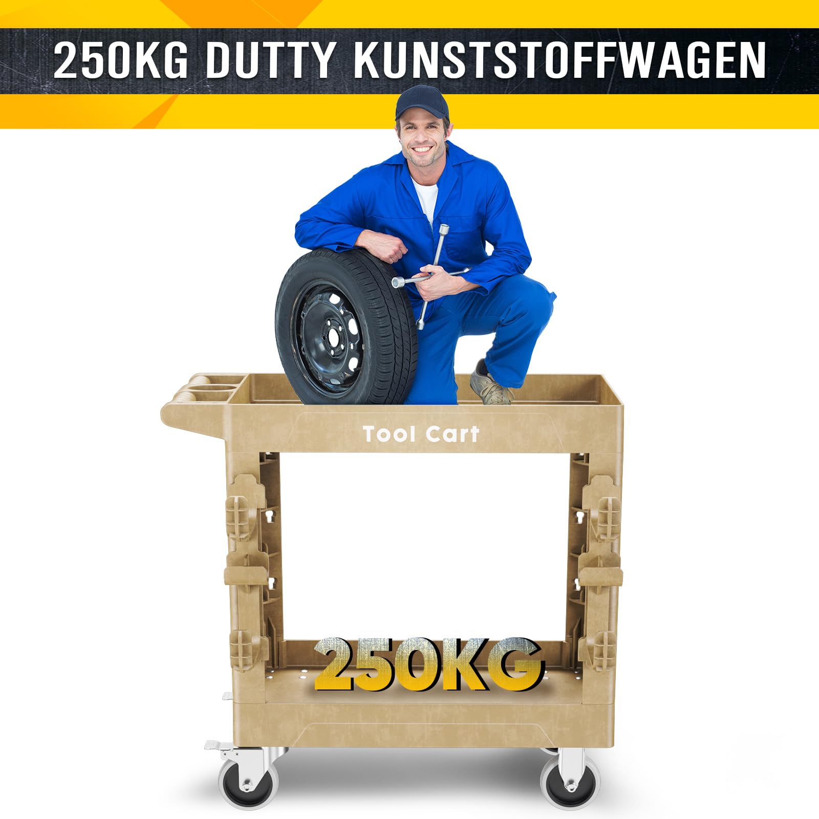 LDHTHOPI Servierwagen MAX 250kg,Werkstatt RollWagen 84.5x41.5x85cm mit 2 Lastaufnahmehaken,Schwerlast Kunststoff Vielzweckwagen 2 Lenkrollen mit Bremse,Holzfarbe,für Lager Garagen Büros Gärten Hotels