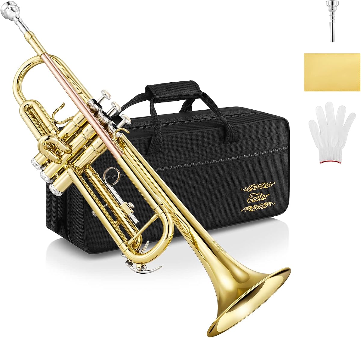 Eastar ETR-390 Trompeta plana estándar B para principiantes Intermedio, instrumento de trompeta mejorado avanzado con estuche rígido, kit de limpieza, boquilla 7C, guantes, dorado