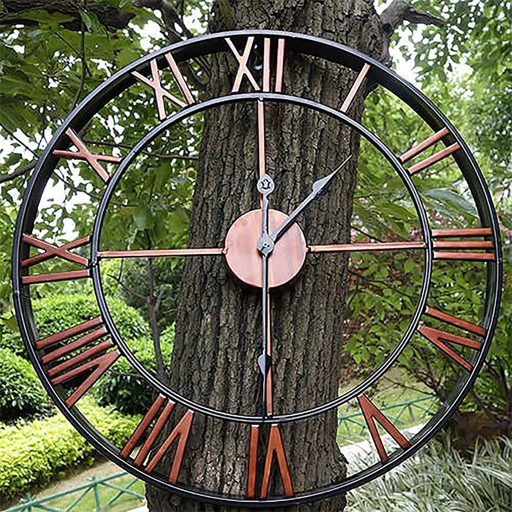Orologio da parete in ferro battuto con numeri romani grandi, 47 cm, orologio da giardino resistente alle intemperie per esterni, quadrante aperto in metallo bronzo, orologi da giardino per