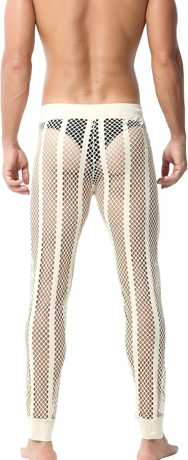 YUFEIDA Men's Fishnet Pants Drawstring Bottoms Low Rise Mesh Leggings Muscle Fit Long Pants See Through Thermal Bottoms - Image 4
