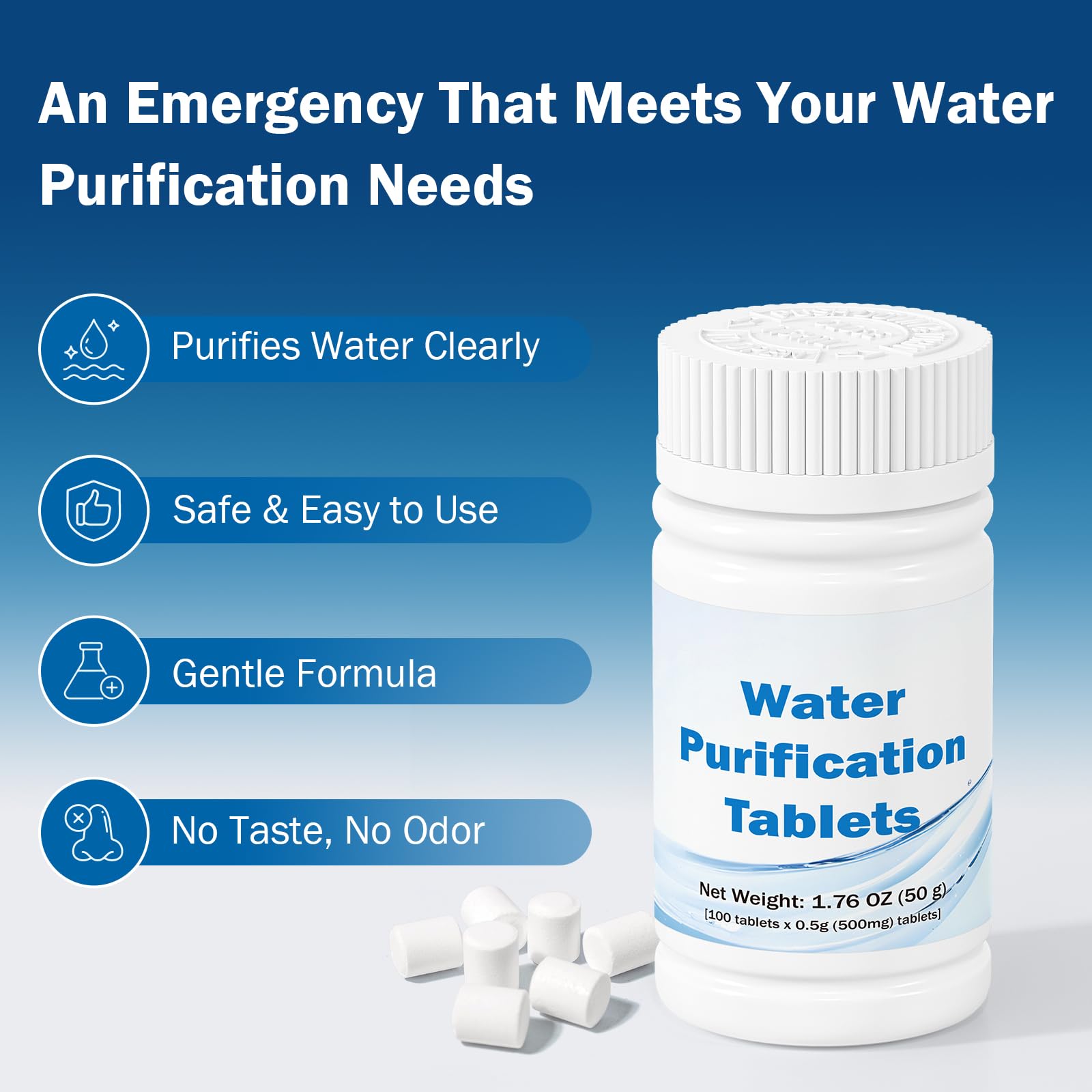 Compresse per purificazione dell'acqua da 500 mg (100 pezzi) – Trattamento dell'acqua di emergenza per campeggio, sopravvivenza e viaggi – Formula NaDCC senza iodio, nessun retrogusto chimico