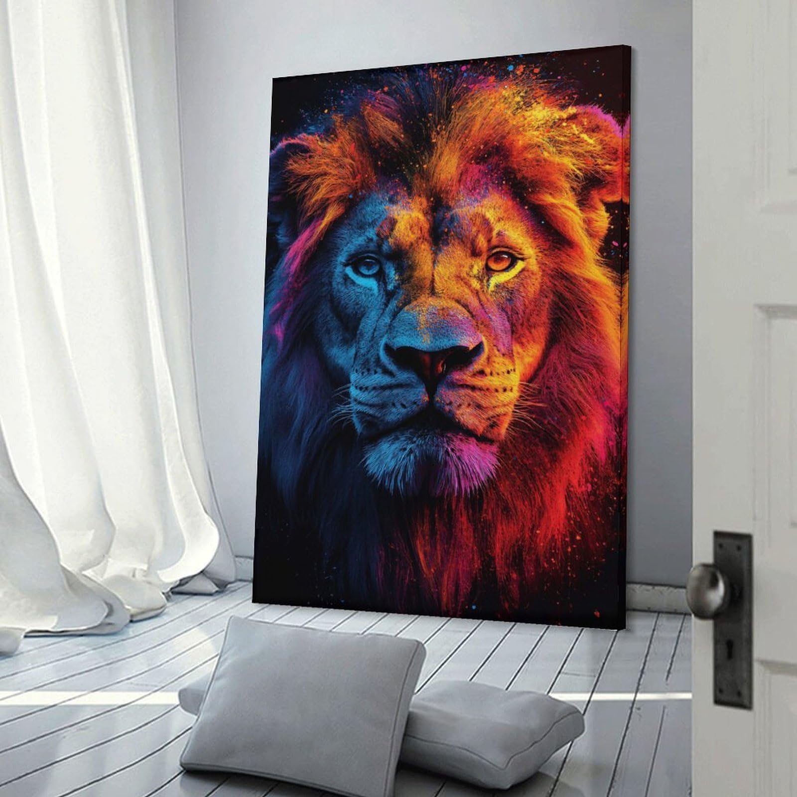 Junmoney Hanging Wall Art Colorful Lion Portrait(2), 12x18inch(30x45cm), for Wall Displays, Bedrooms Or Room Updates, Decorative Artwork with Flexible Styling