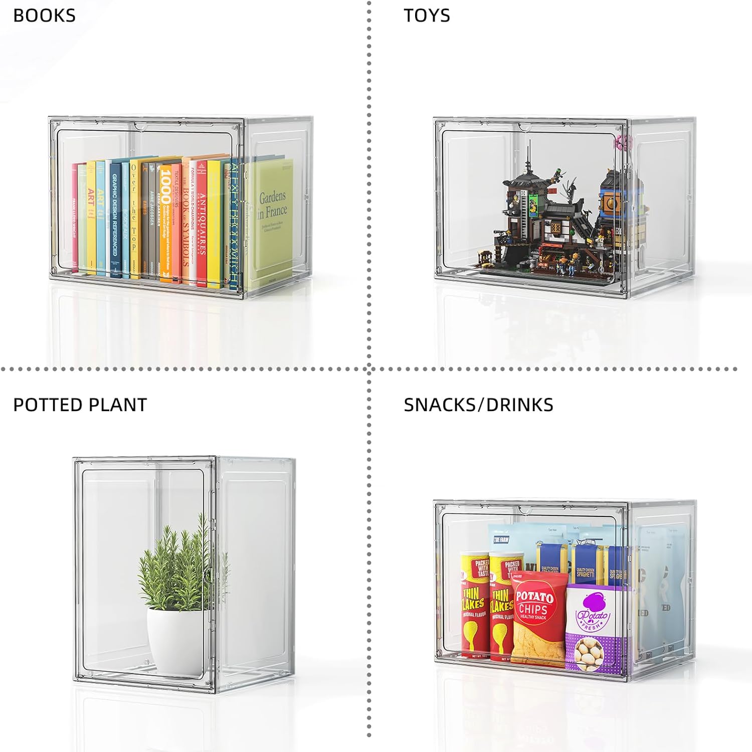 5 Pack Stackable Storage Bins with Lids, White Plastic Storage Container with Clear Lids, Clear Display Case with Magnetic Door for Purse, Handbag, Figure, Collectibles, Doll, Bag, 14.2"x8.66x10.6" - Image 5