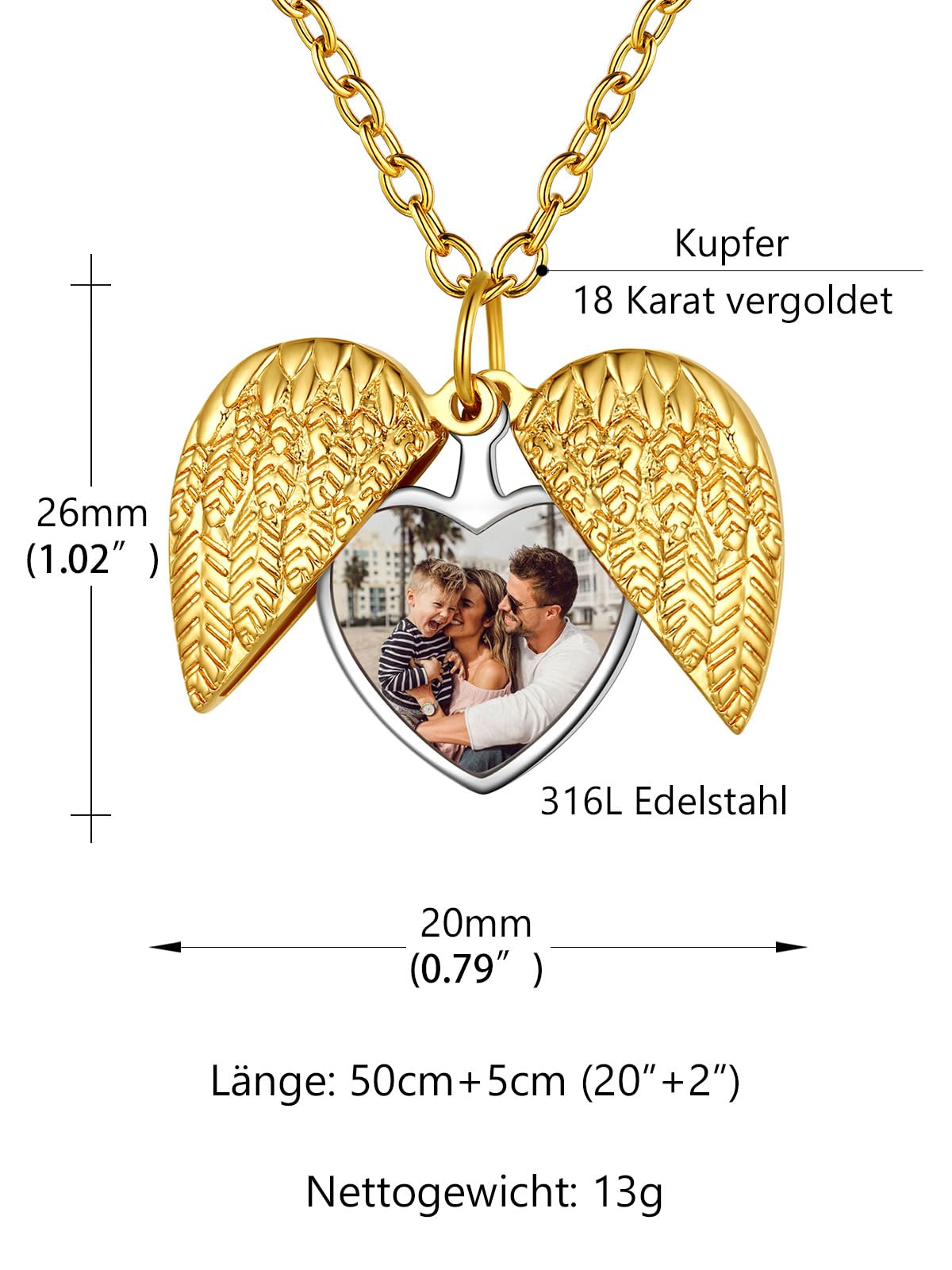 Custom4U Personalisierte Medaillon zum Öffnen für Bilder Memorial Damen Herz Engelsflügel Medaillon Kupfer Foto Kette mit Gravur Silber/Gold/Schwarz Locket Amulett mit 46cm/51cm kette