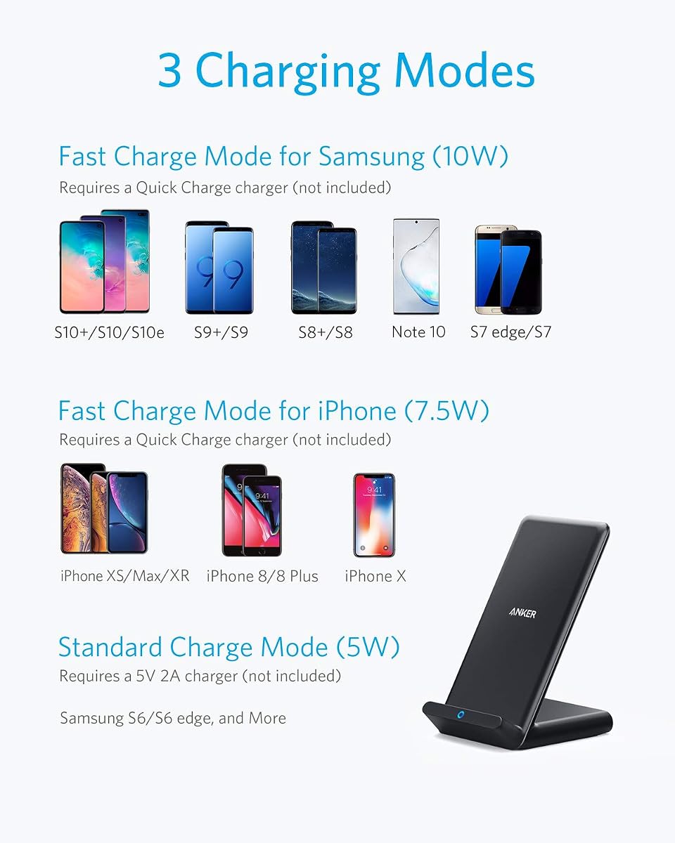 Anker 313 Qi-Certified 10W Max Wireless Charger Stand | Fast Power for iPhone 15 / 14 / 13 / 12 / 11 / X, Galaxy S23 / S22, and More (2-Pack, Micro-USB Cable, Adapter Not Included)