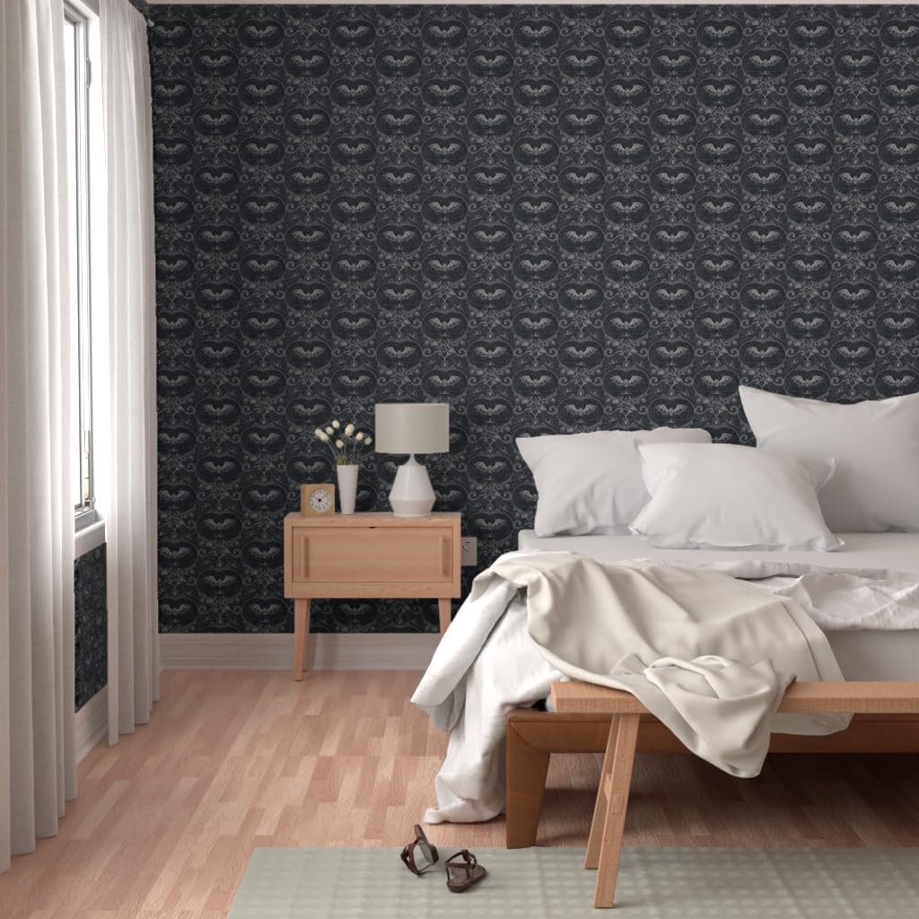 Spoonflower Removable Wallpaper 6ft x 2ft - Gothic Damask Lace Bats Black Goth Halloween Custom Pre-Pasted Wallpaper