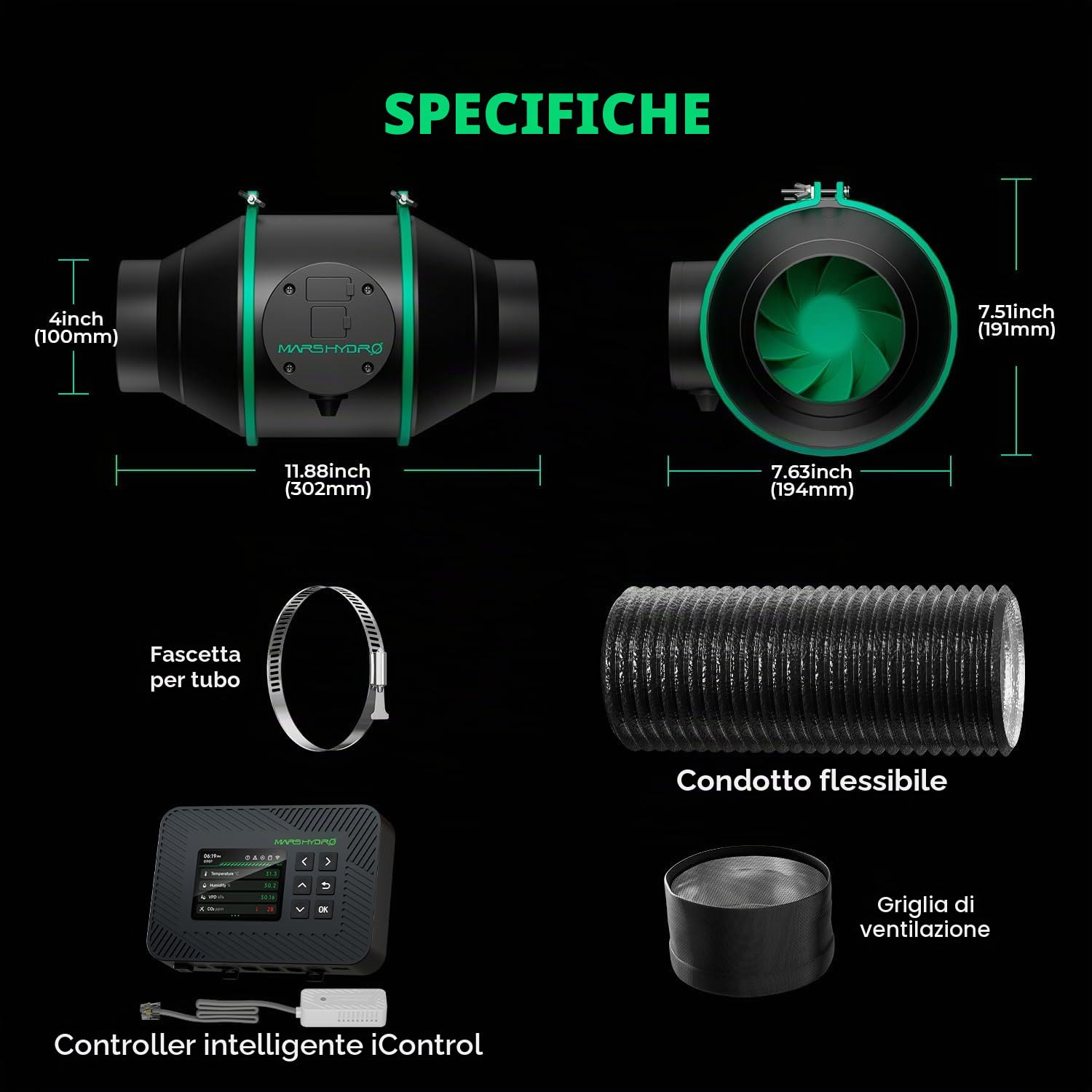 MARS Hydro Kit Filtrazione Aria Intelligente 10cm, Ventilatore Inline con Controllore Temp/Umid iControl, Controllo Remoto App, Filtro Carbonio, Sistema Ventilazione Tenda Coltivazione Idroponica