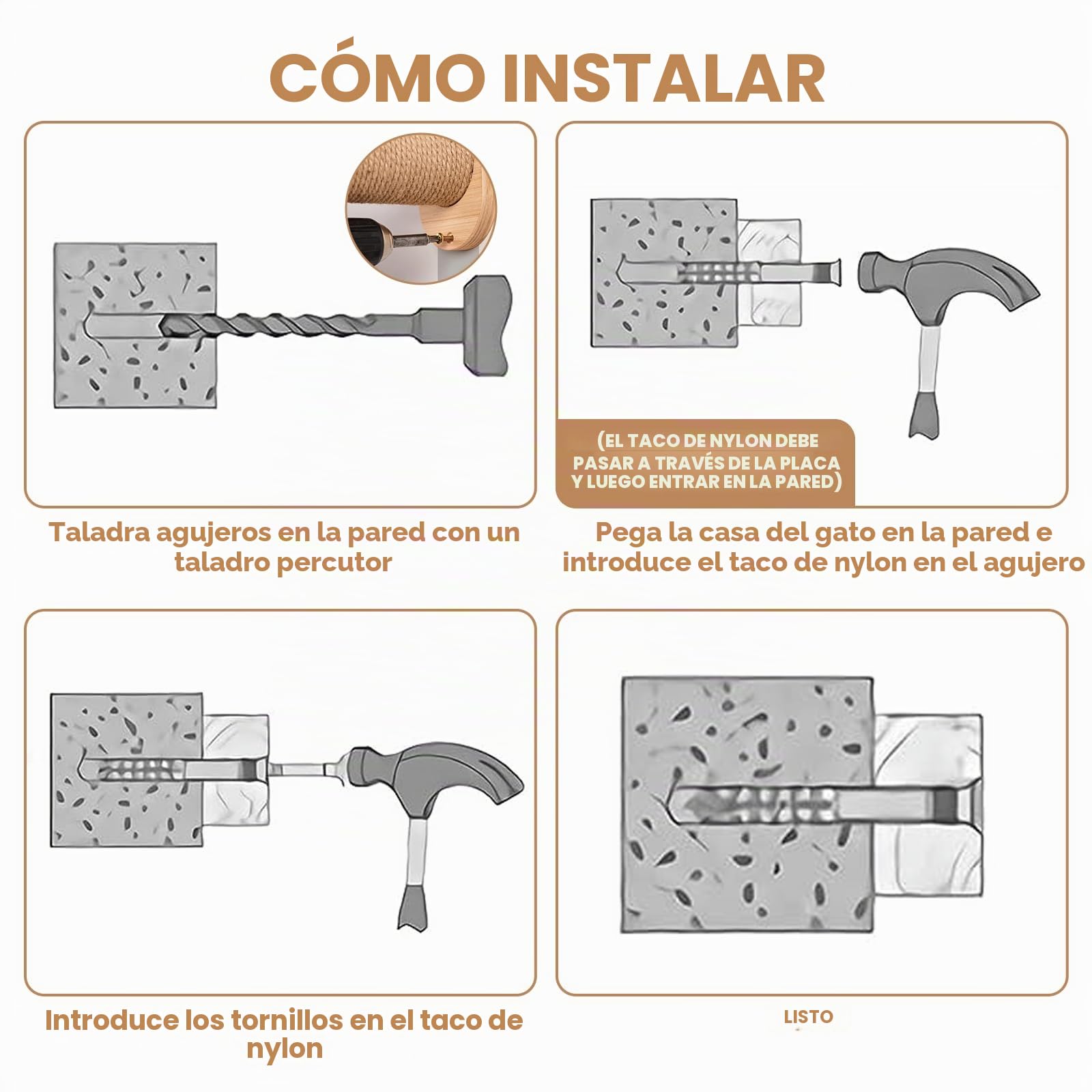 Juego de Pared Trepadora para Gatos - Muebles de 5 Piezas de Madera Maciza en Color Madera, Escaleras, Tumbona y Rascador