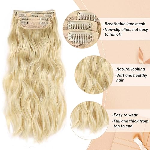 Miniatura 3 de Extensiones de cabello sintético largo ondulado con clip, extensiones de cabello sintético rubio grueso de doble trama con reflejos, extensiones de