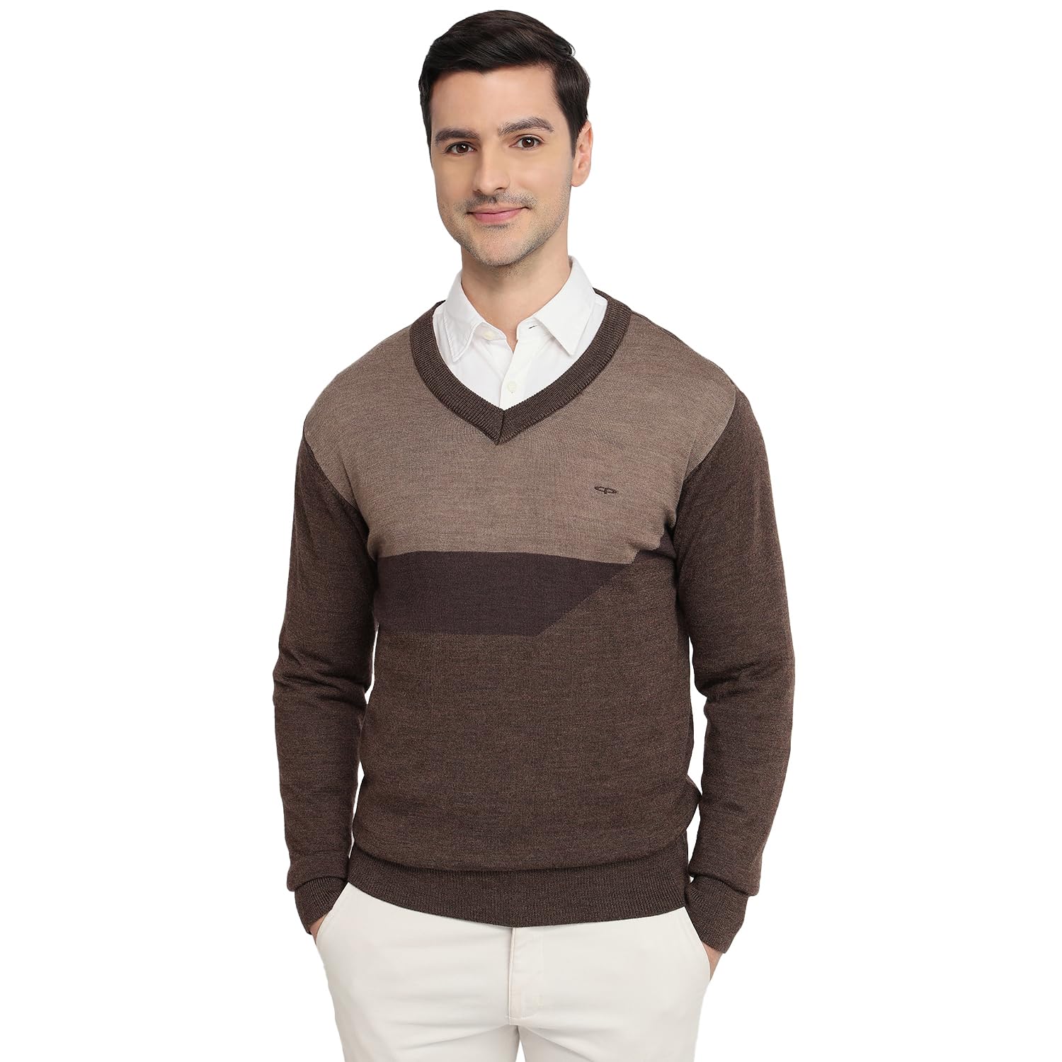 Men Regular Fit Jacquard Pattern Acrylic Merino Wool Blend Full Sleeve V Neck Casual Sweater Dark Brown-image-39