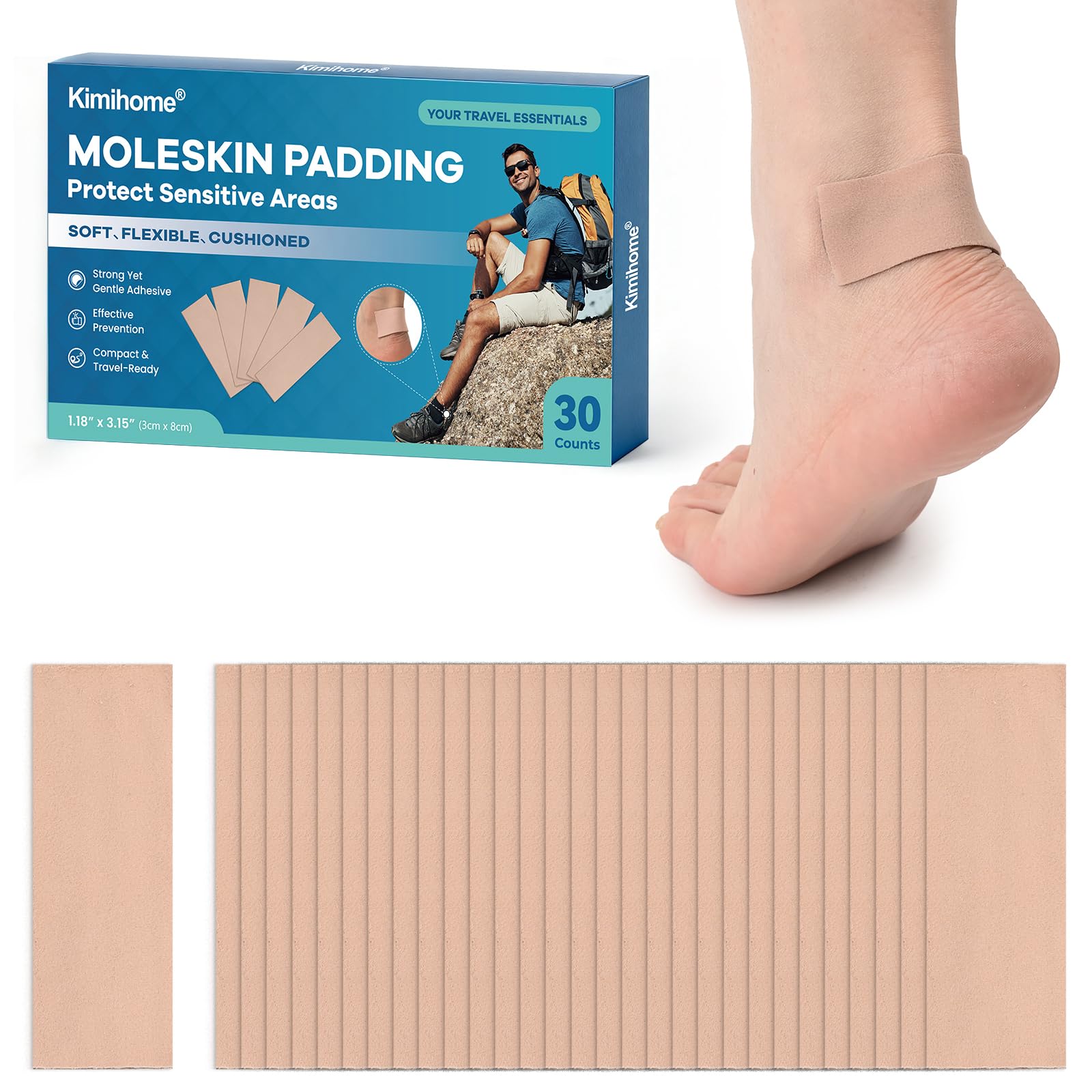 Moleskin Blister Pads for Feet &amp; Heels, Essential for Travelers – 30 Sheets