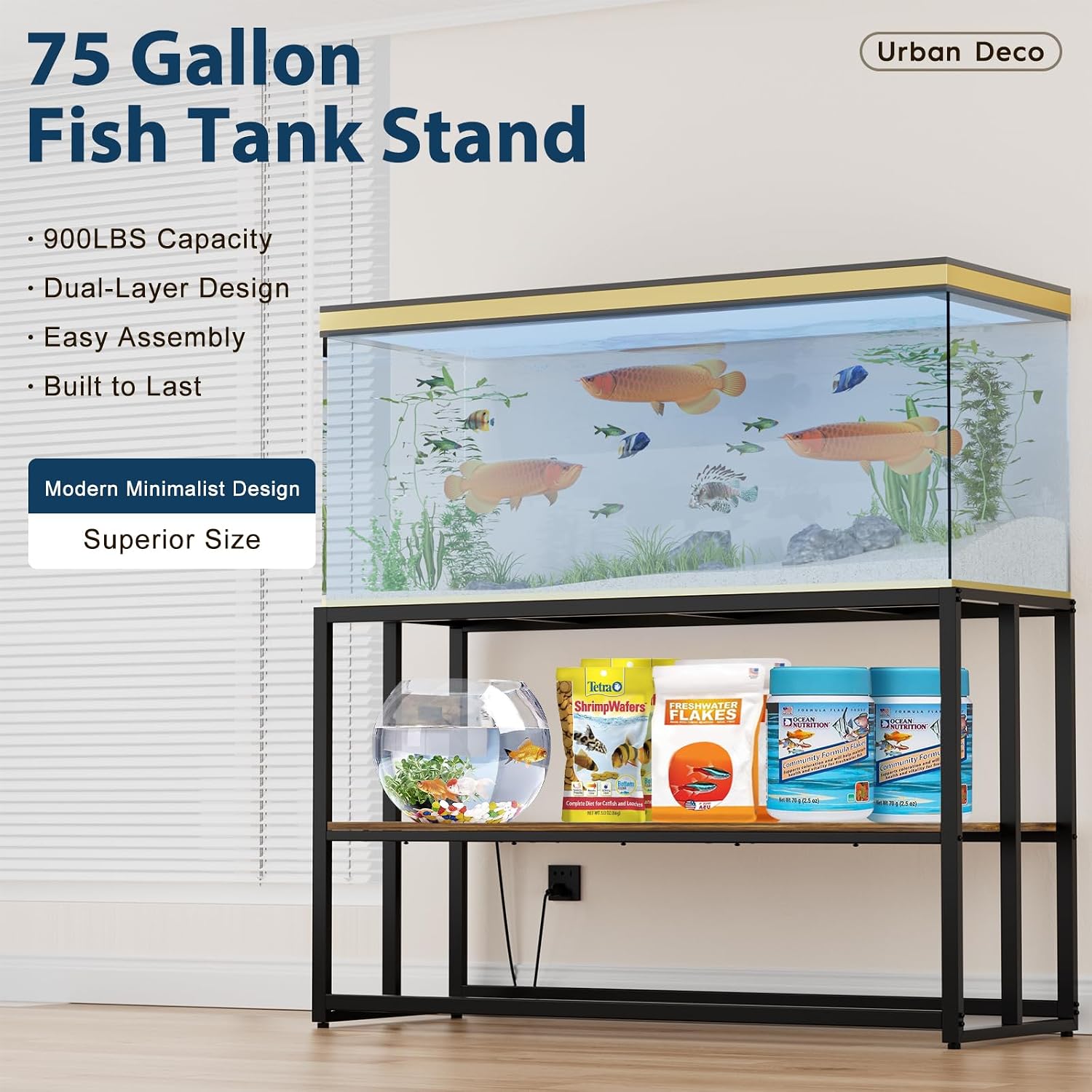 Urban Deco 55-75 Gallon Fish Tank Stand with Power Outlets, 900LBS Capacity Aquarium Stand, Metal Fish Tank Stand Dual-Layer Design Terrarium Stand, Rustic Brown