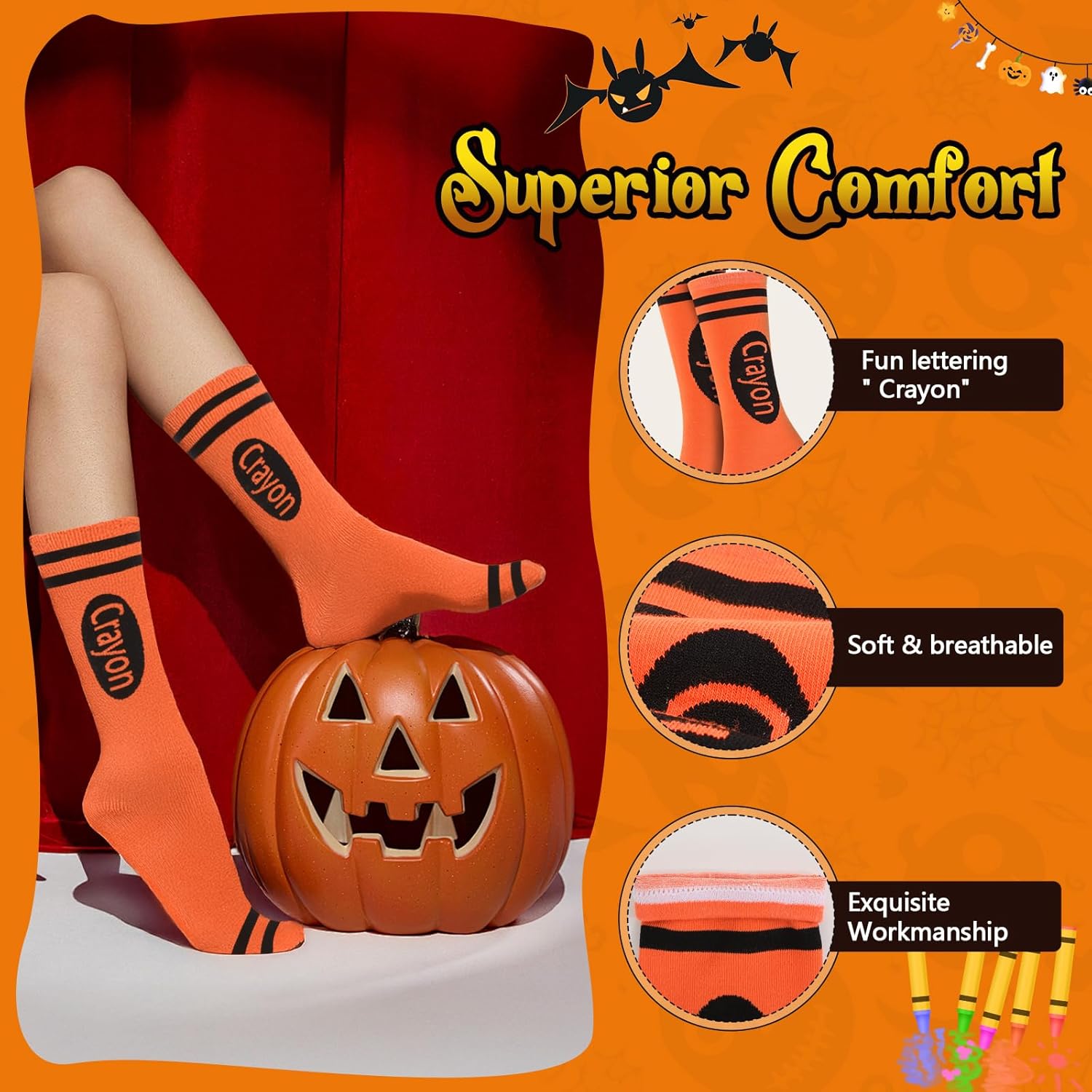 SVECPOY 8 Pairs Crayon Socks, Unisex Colorful Crazy Socks for Women Men Funny Crew Socks Crayon Costume Accessories Gifts for Adults Teens Kids Teacher Team Crayon Party - Image 4