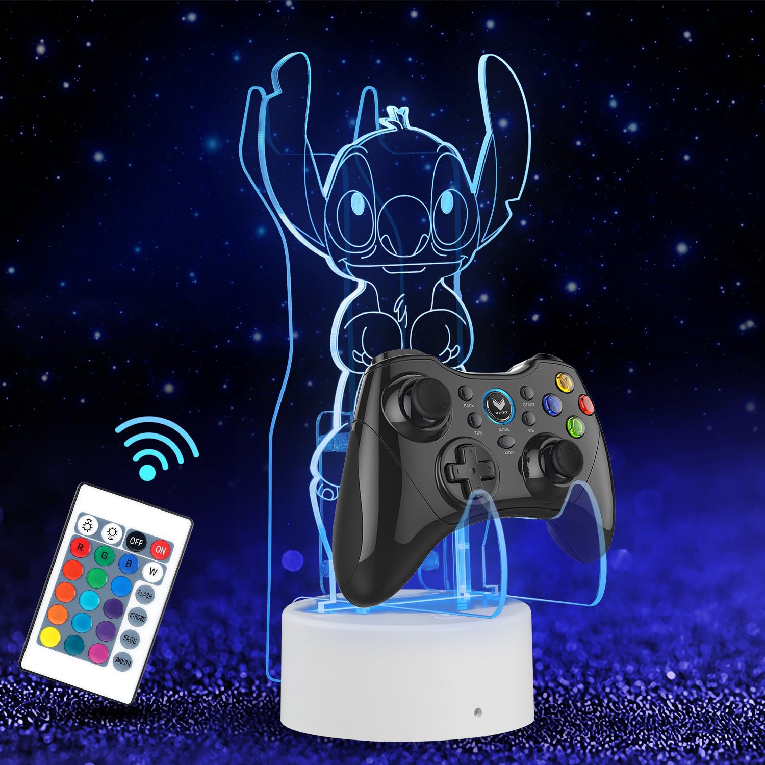 AFORENTIER Stitch Night Light with Gaming Controller Holder Phone Holder Function Stitch Led Light 16Color Changed Holder for Phone Necklace Bracelet Keychain Eye Glasses Gift for Kids Boys Girls